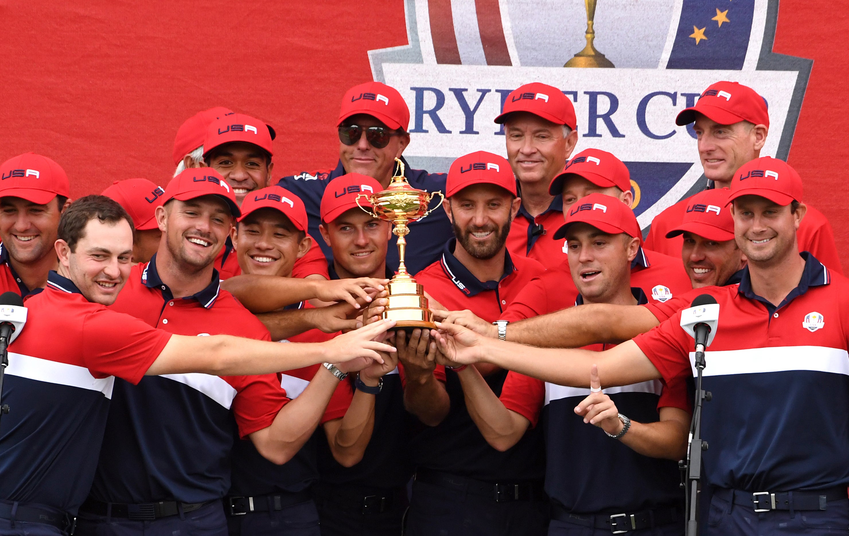 Team USA celebrate with the Ryder Cup trophy after victory at Whistling Straits (Anthony Behar/PA)