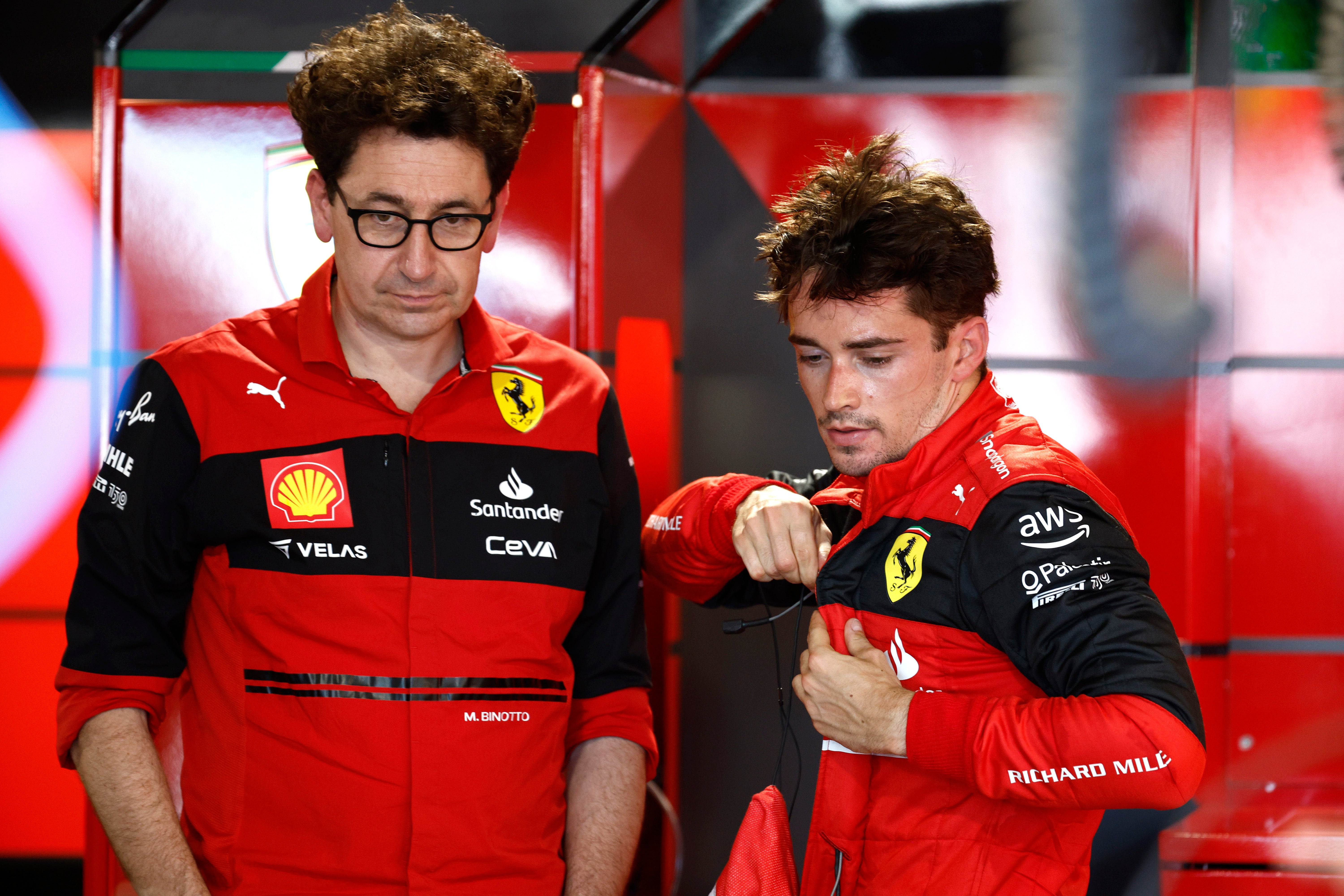 Ferrari team principal Mattia Binotto and driver Charles Leclerc