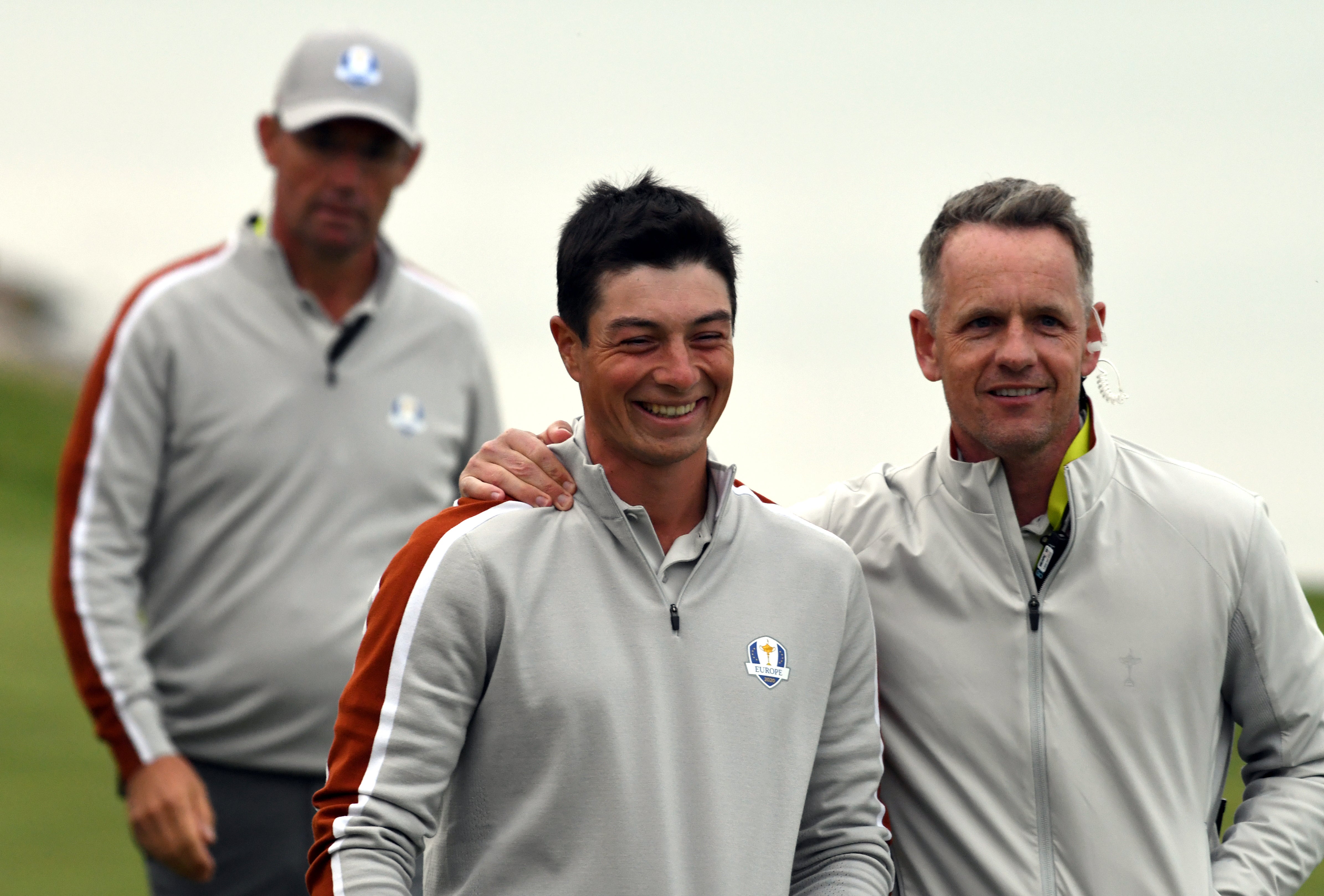 Team Europe’s Viktor Hovland with vice captain Luke Donald during day two of the 43rd Ryder Cup at Whistling Straits (Anthony Behar/PA)