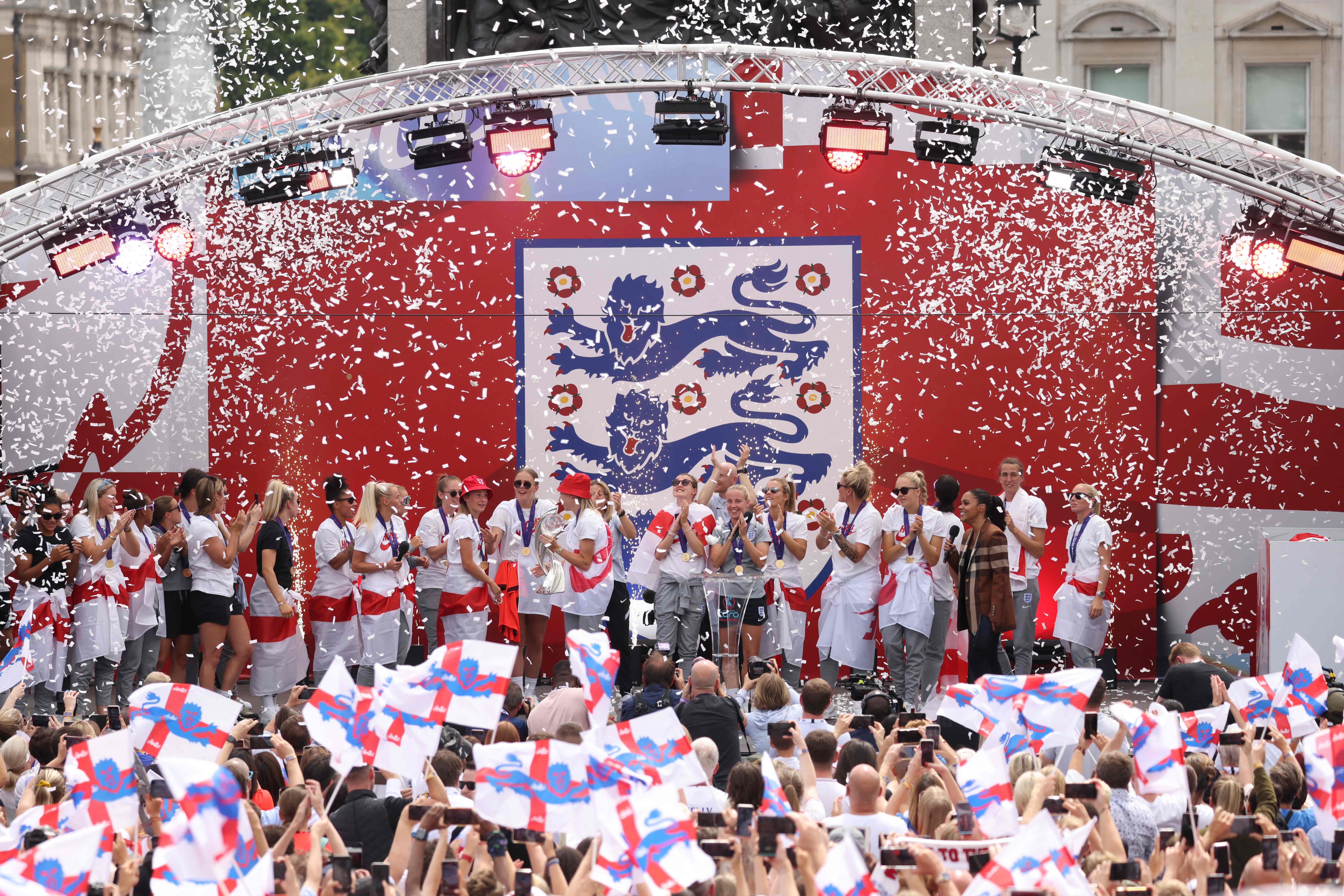 England’s players celebrate during a victory party in Trafalgar Square