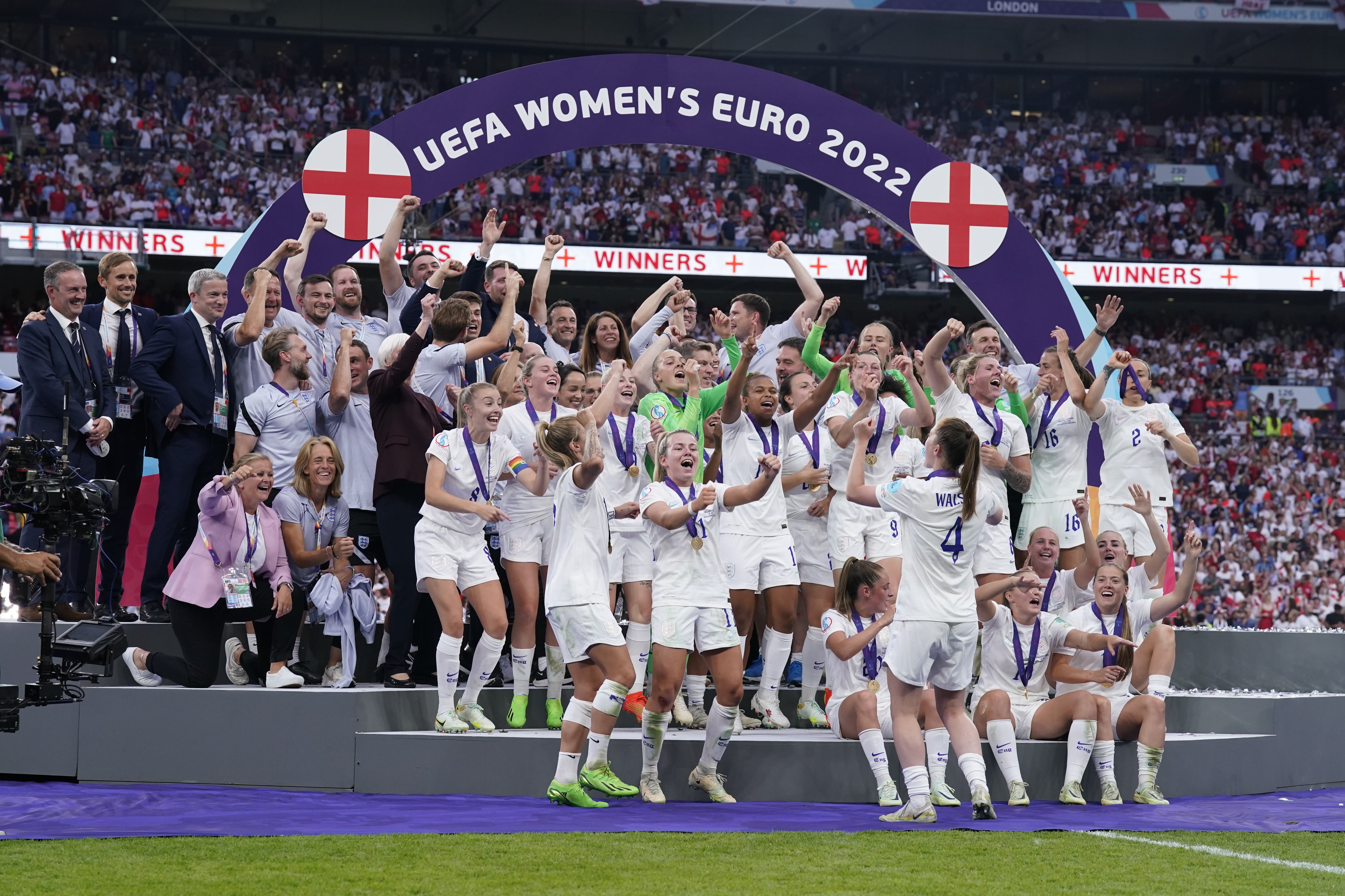 England players celebrate their victory over Germany (Danny Lawson/PA)