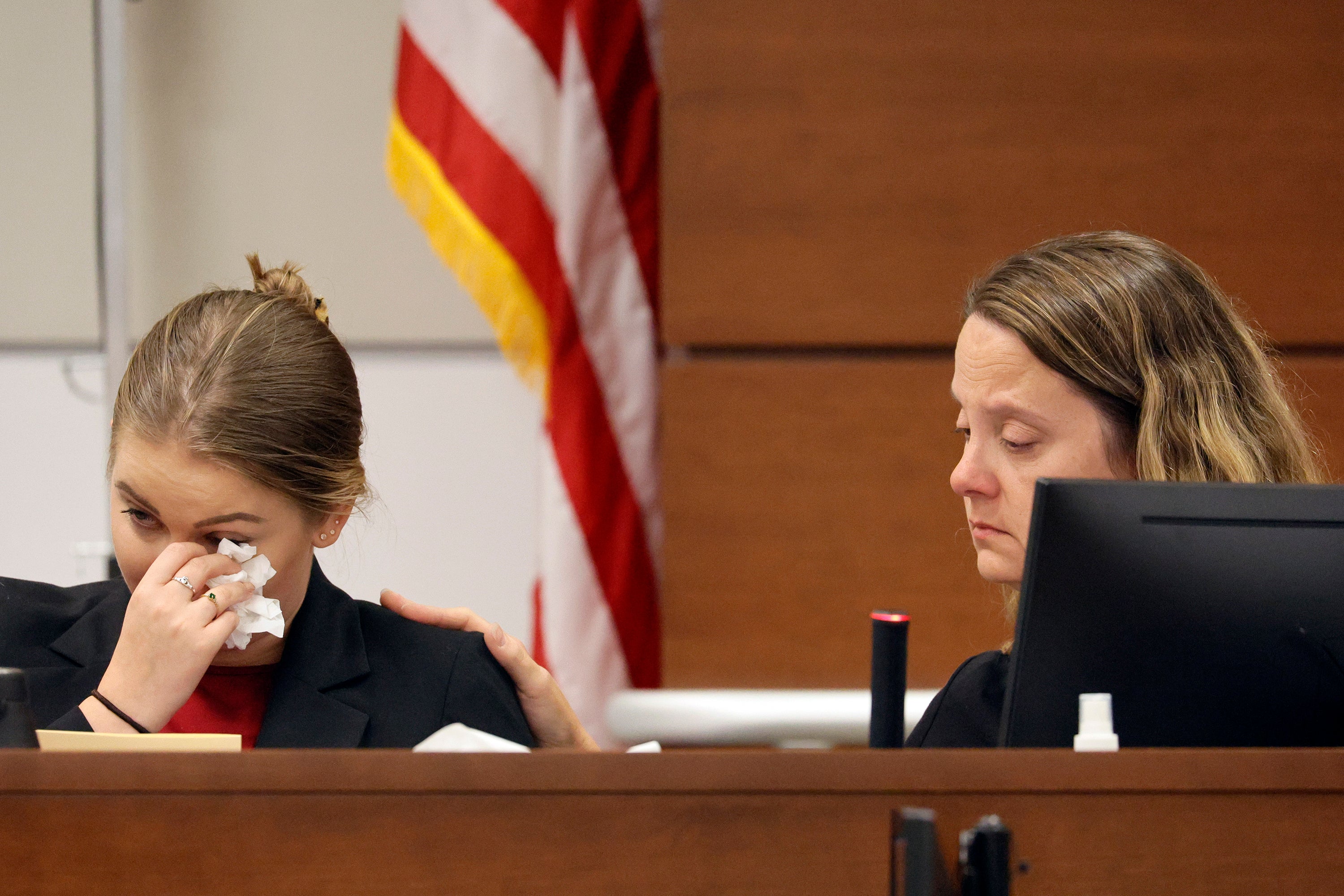 Kelly Petty, right, comforts her daughter, Meghan Petty, as she gives her victim impact statement during the penalty phase of Marjory Stoneman Douglas High School shooter Nikolas Cruz's trial at the Broward County Courthouse in Fort Lauderdale, Fla., Monday, Ag. 1, 2022