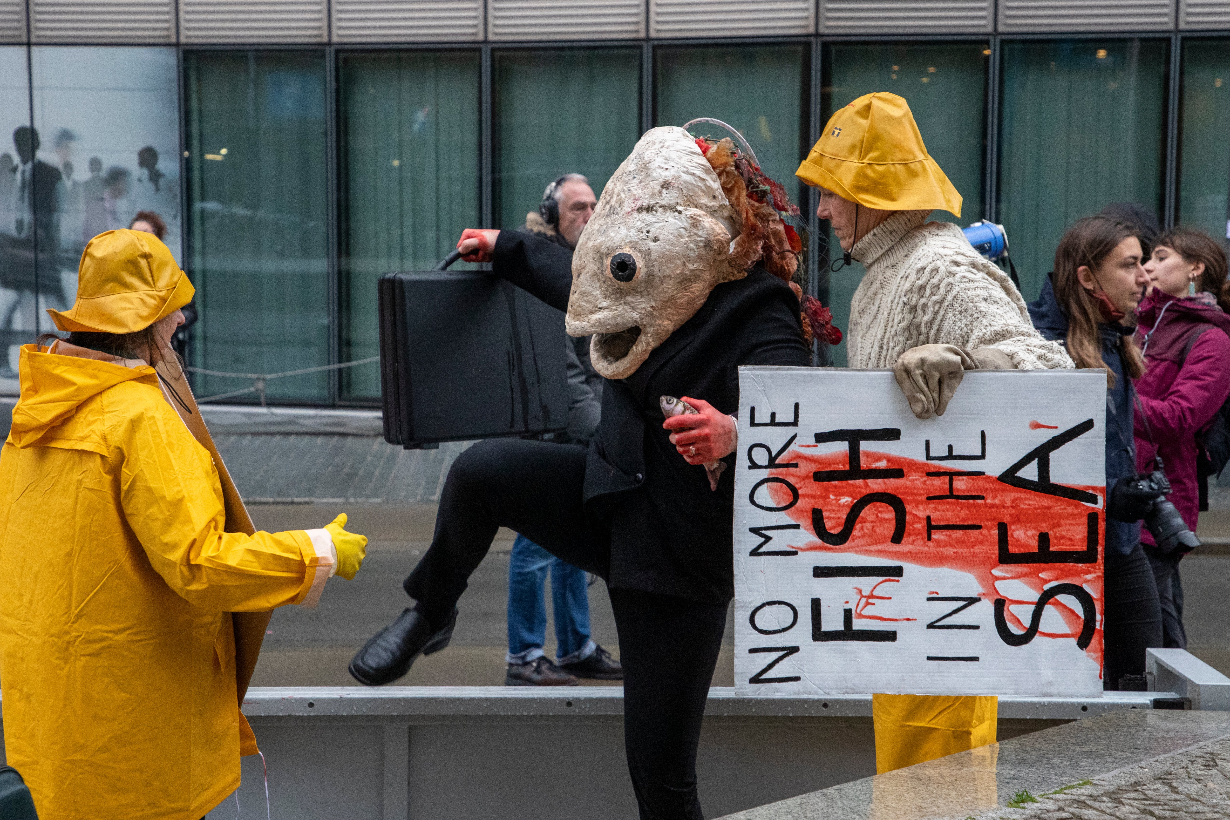 Ocean Rebellion climate protesters in Brussels. Scientists have warned warming waters are causing “dead zones” in the sea