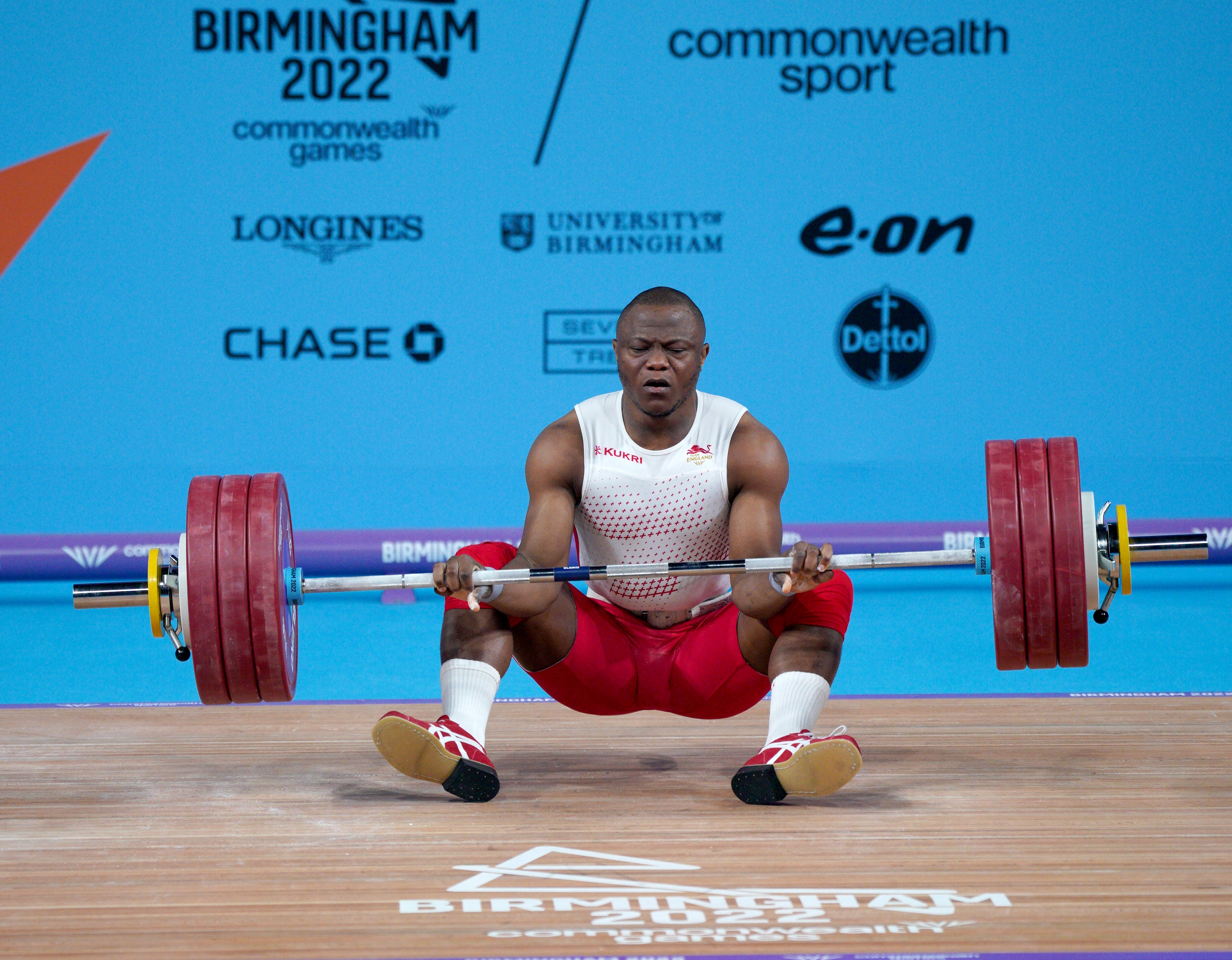 England’s Cyrille Tchatchet is eliminated after failing to lift his third clean and jerk at the Commonwealth Games in Birmingham (Peter Byrne/PA)