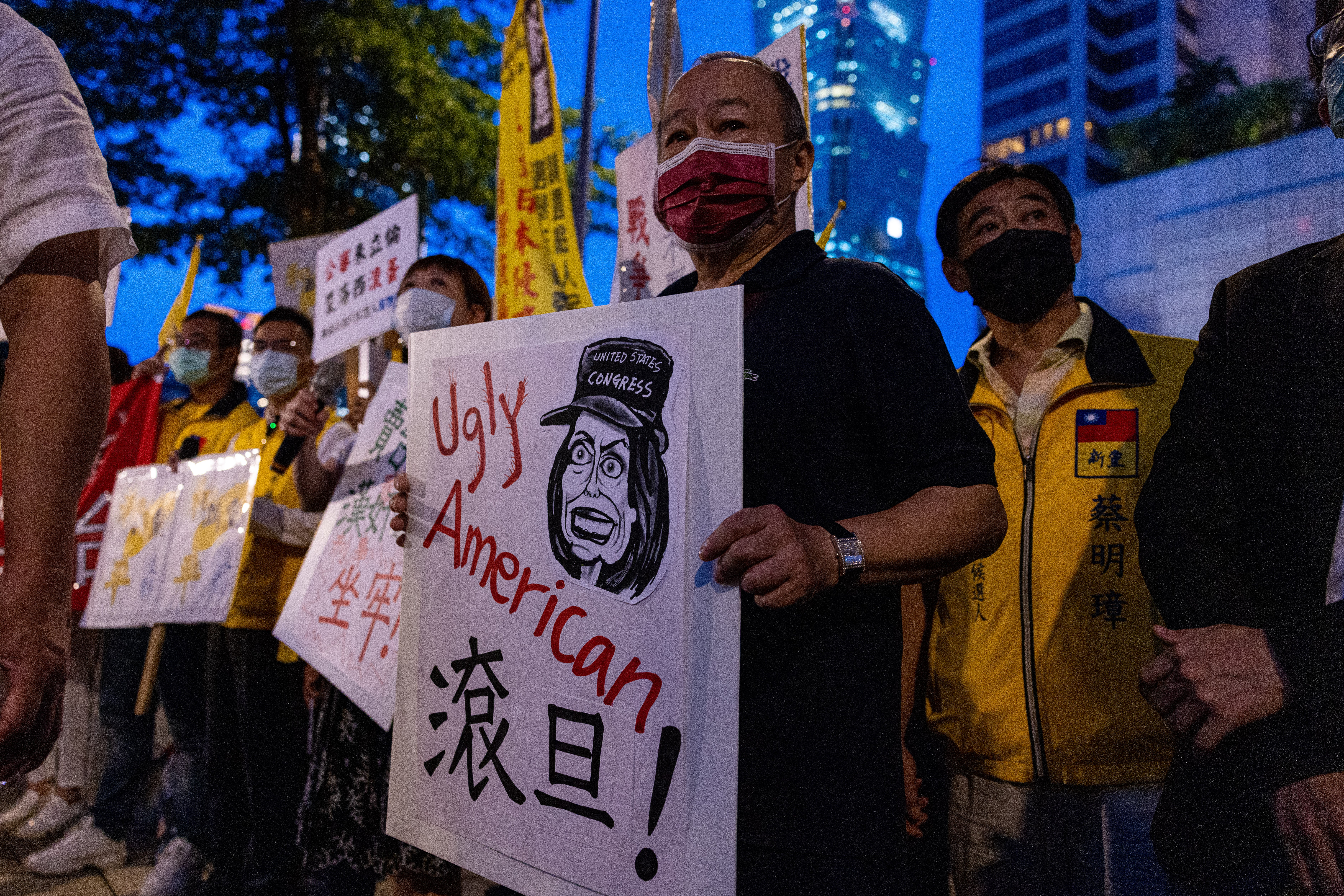 Demonstrators take part in a protest in Taipei against Nancy Pelosi’s Taiwan visit on 2 August