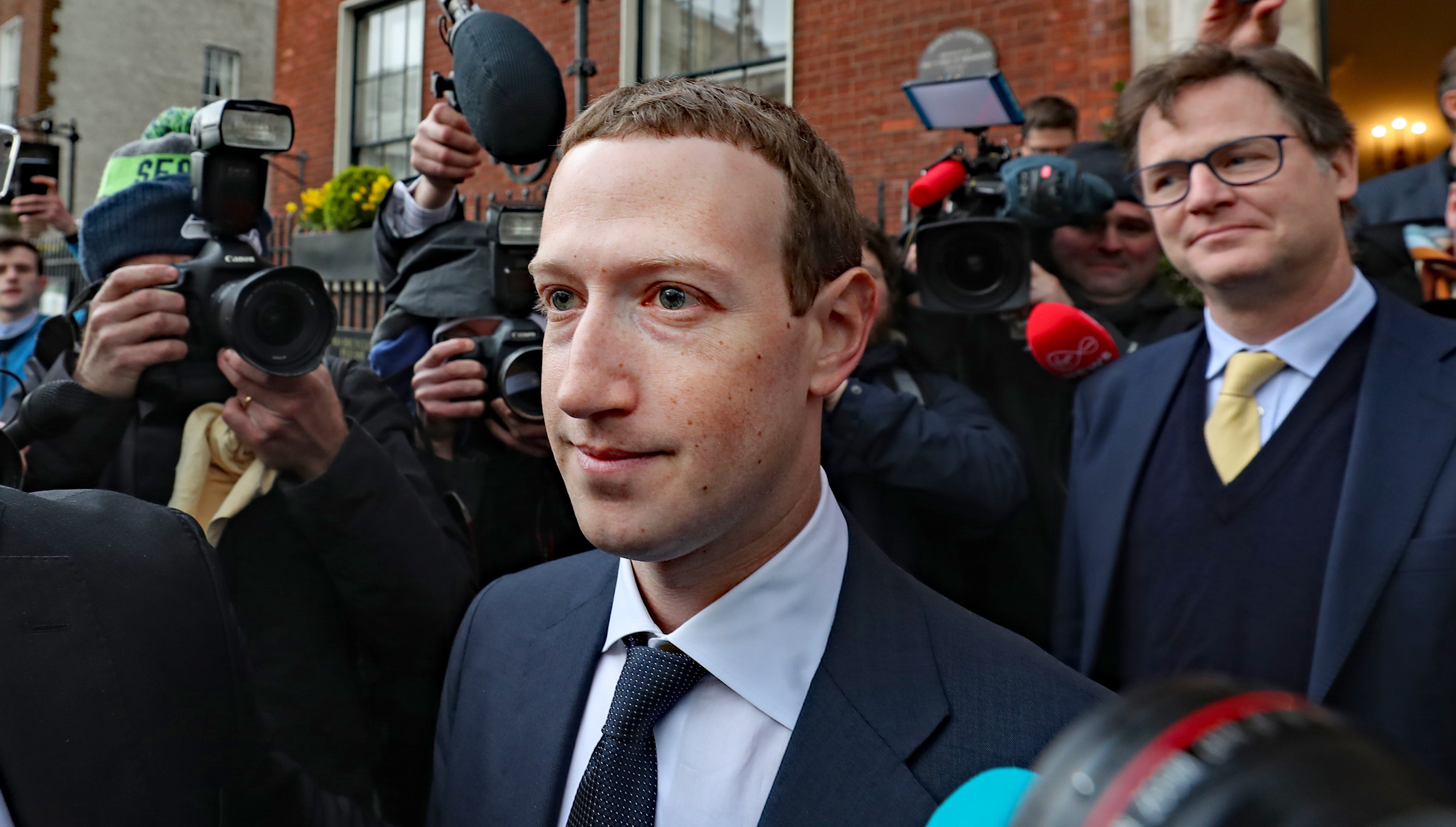 Nick Clegg with Meta Platforms CEO Mark Zuckerberg in Dublin after a meeting with politicians to discuss social media regulation in April 2019