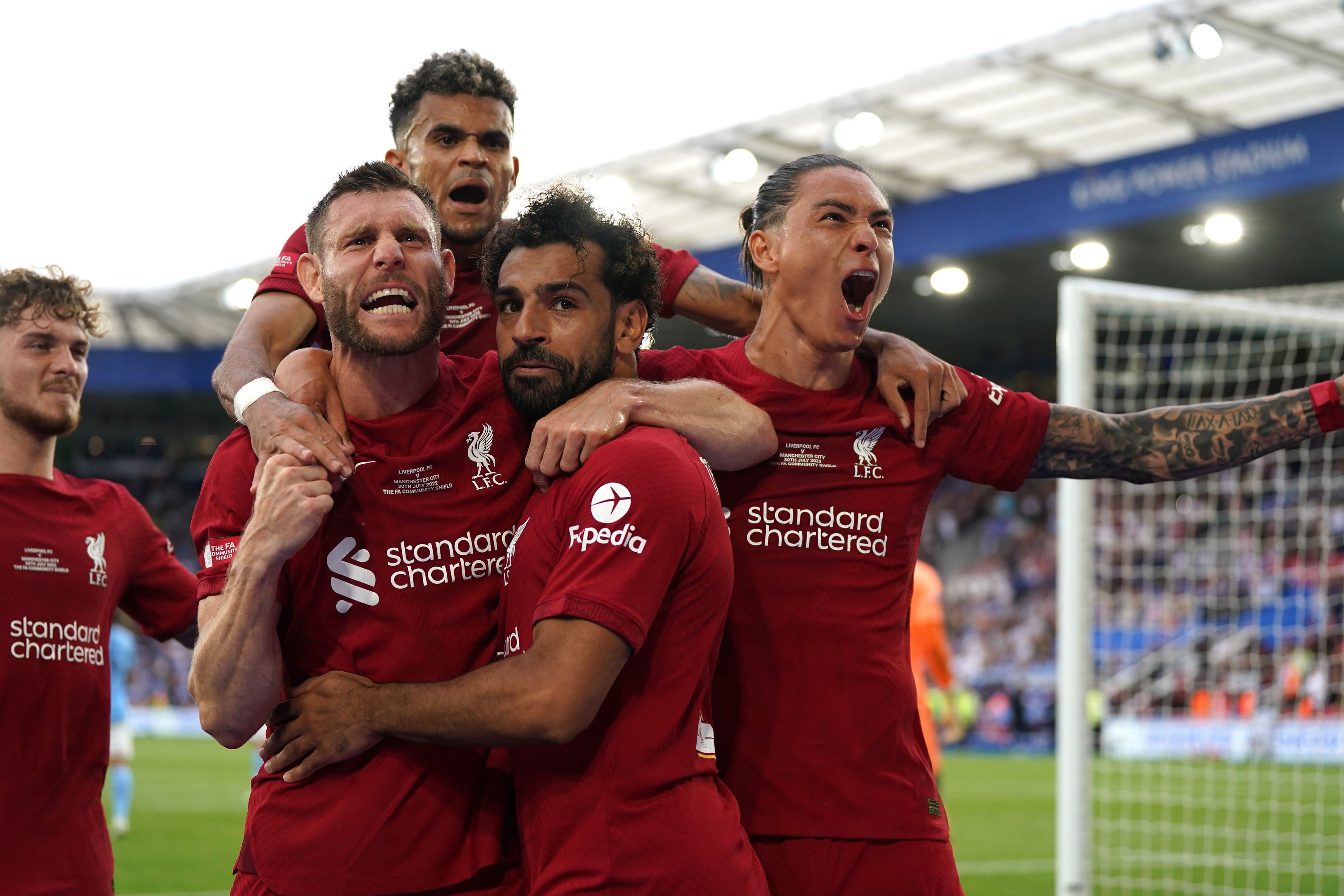 Mohamed Salah celebrates scoring in the FA Community Shield