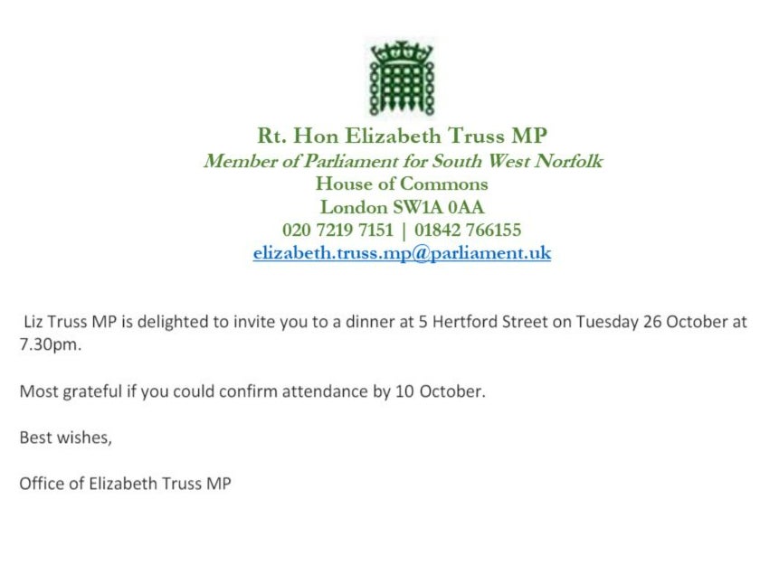 The invitation sent to MPs suggests the event was organised by Truss’s office