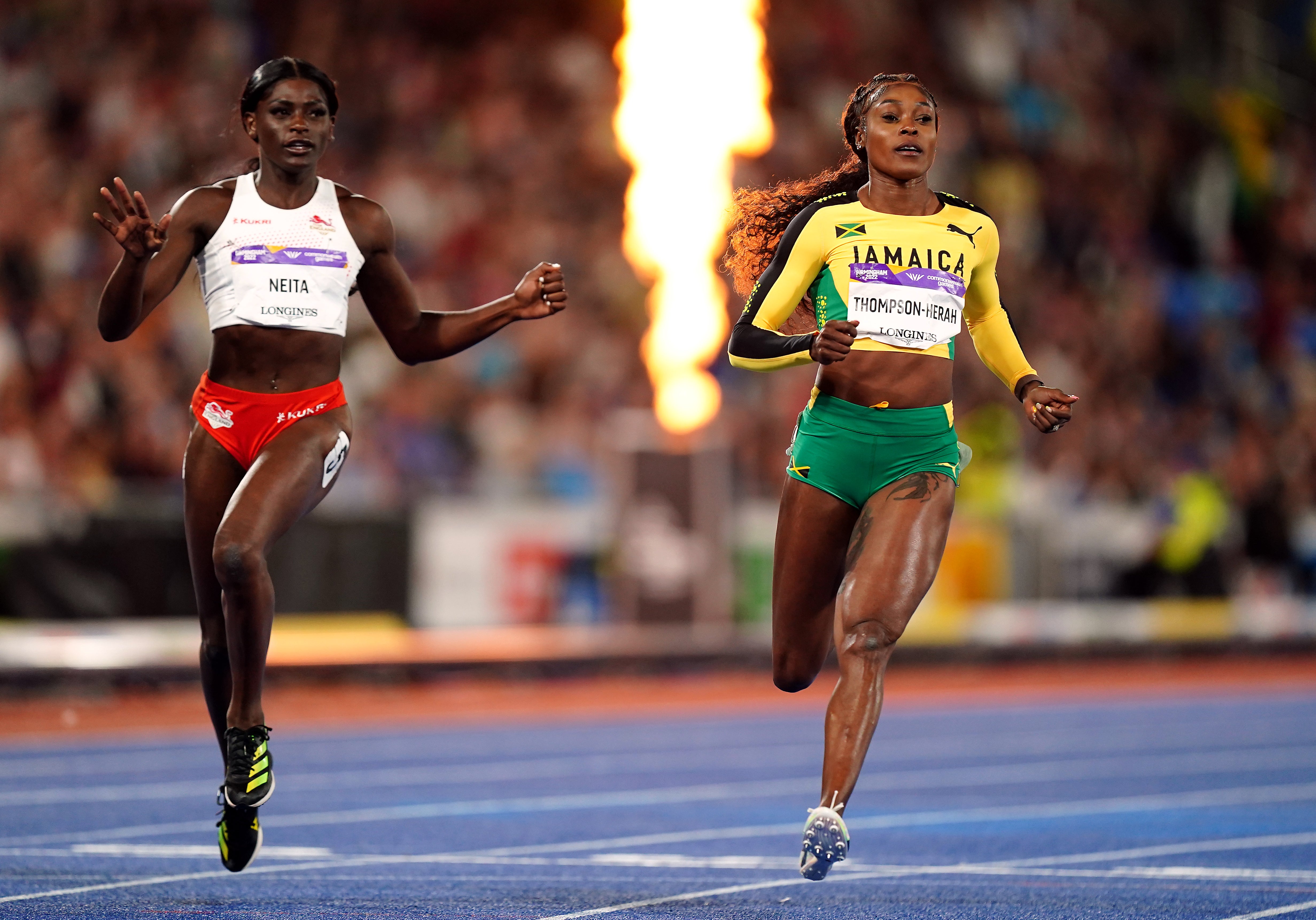 England’s Daryll Neita could not beat Jamaica’s Elaine Thompson-Herah (Martin Rickett/PA)