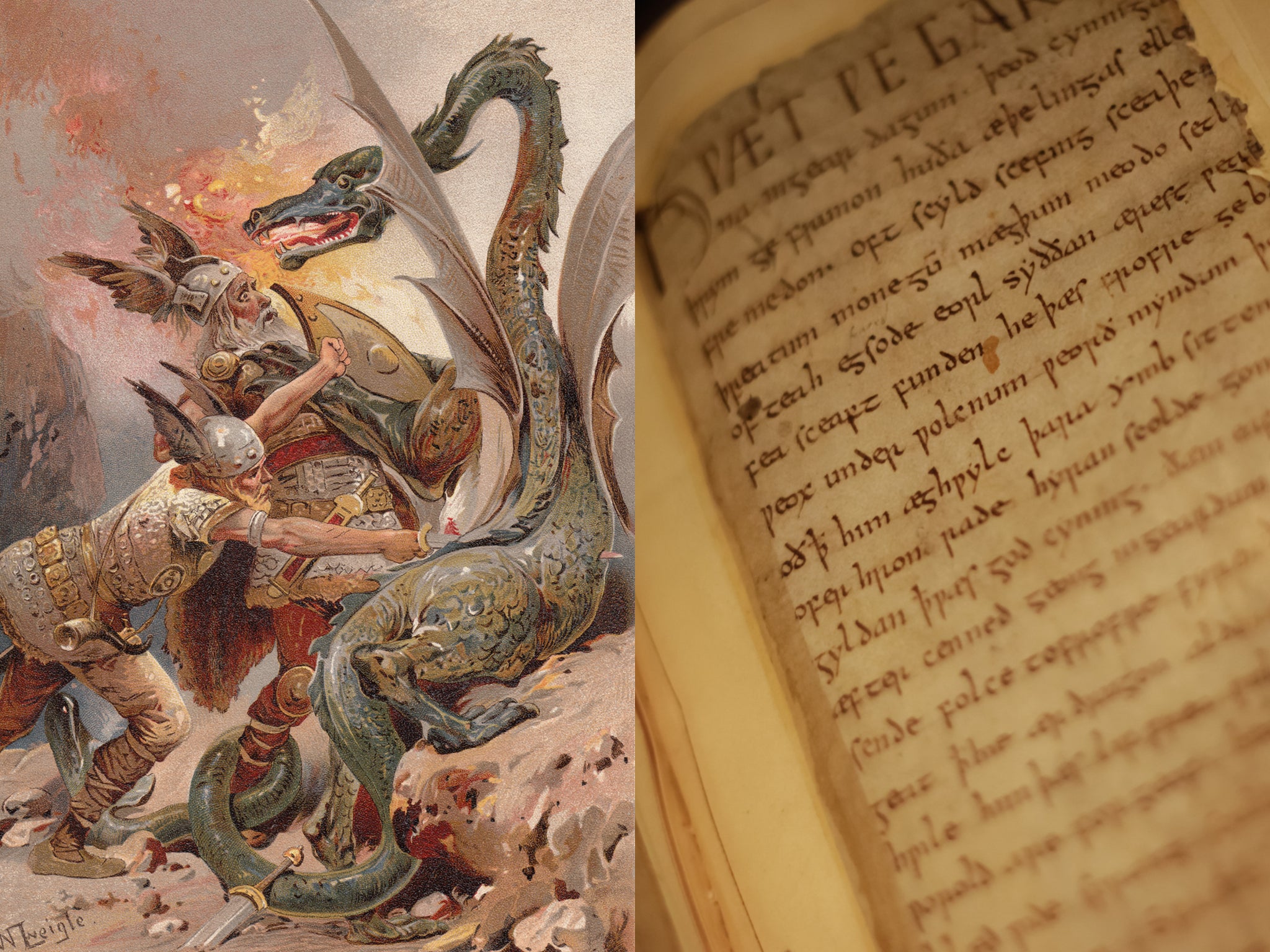 An illustration of the eponymous hero fighting the dragon, next to a manuscript of Beowulf from circa AD 1000, located in the British Library