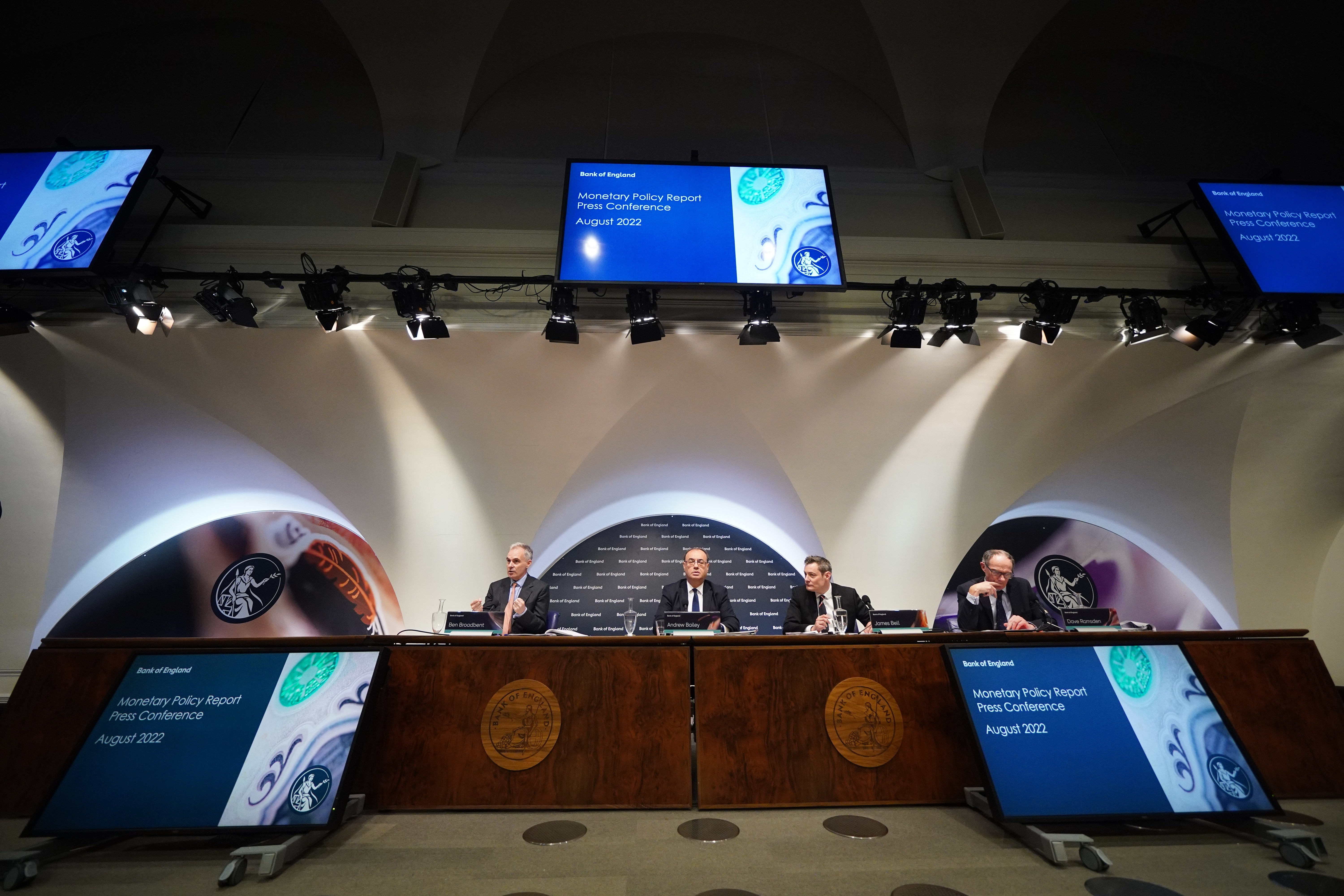 Deputy governor for monetary policy, Ben Broadbent, executive director for communications, James Bell, Governor of the Bank of England, Andrew Bailey, and deputy governor for markets and banking, Dave Ramsden, during the Bank of England’s financial stability report press conference (Yui Mok/PA)