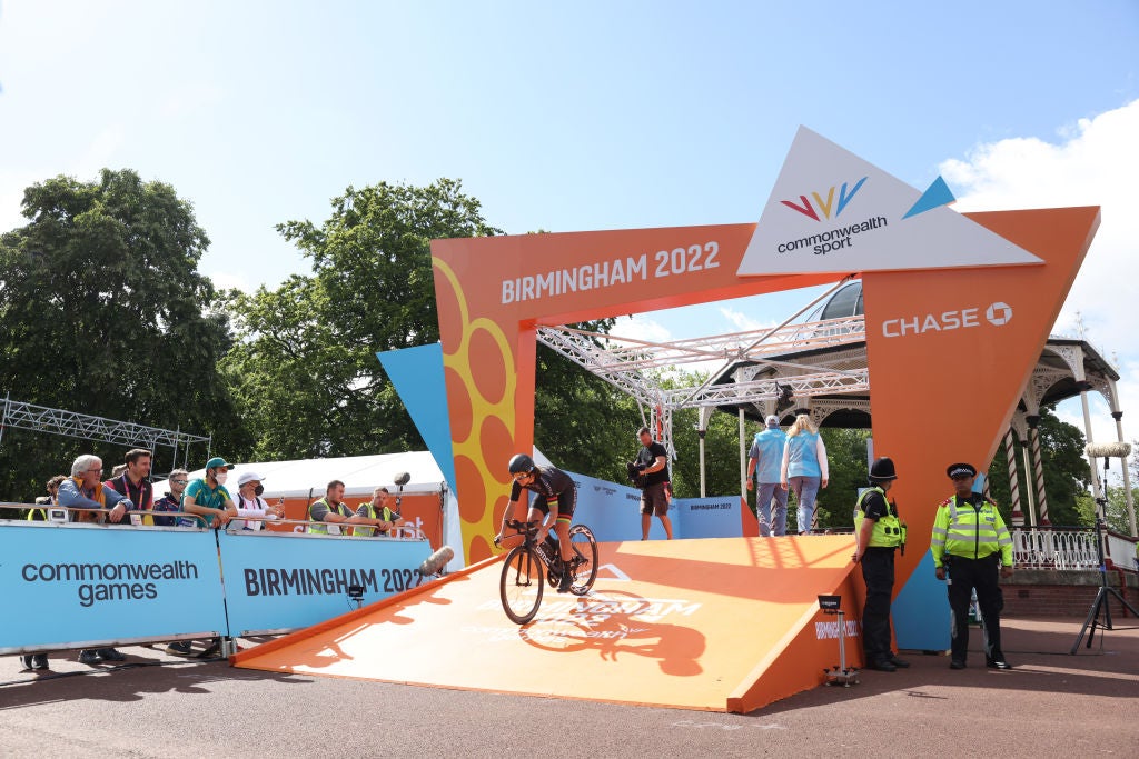 A rider at the Commonwealth Games time trial - where Westminster doorman Symonds finished 47th out of 54 entrants