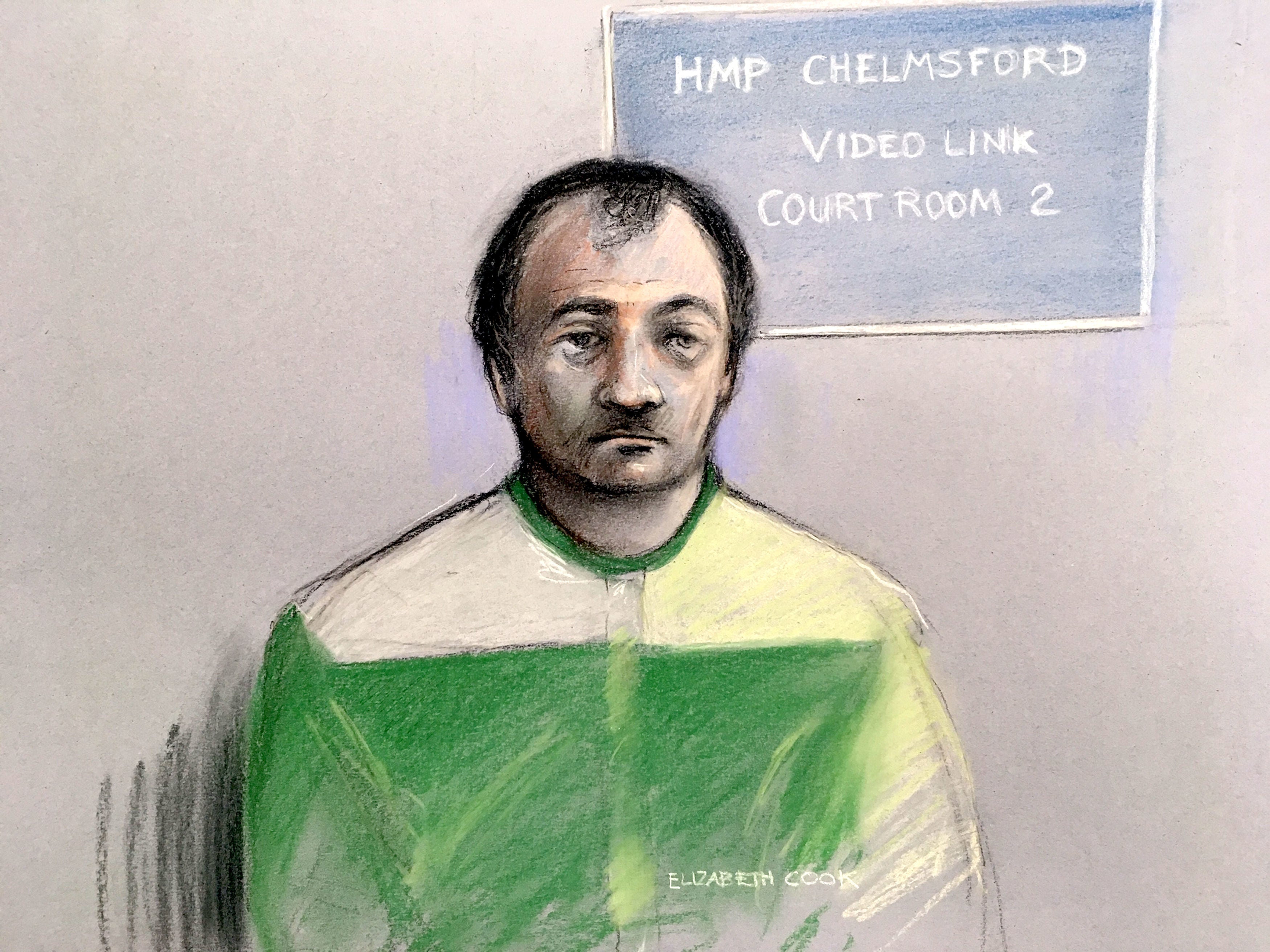 Court artist sketch by Elizabeth Cook of Terence Glover, 51, of Newmans Lane, Loughton, Essex, appearing at Chelmsford Crown Court, via video link from Chelmsford Prison, where he was charged with the murder of 12-year-old Harley Watson who was killed in a hit-and-run outside his school in Essex and the attempted murder of a woman and nine other children.