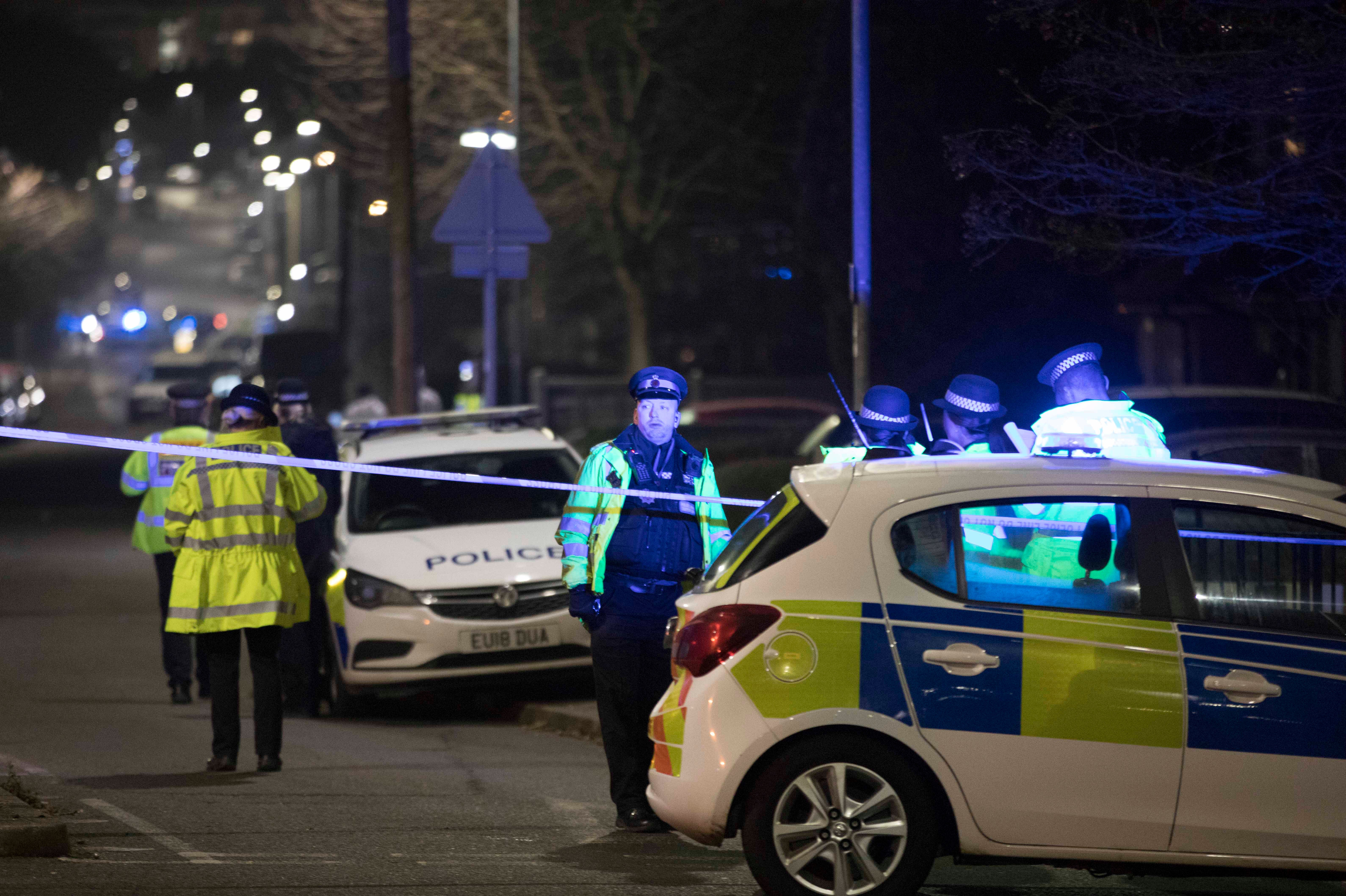 The scene near Debden Park High School, in Loughton, Essex, after a murder investigation was launched after a 12-year-old boy was killed when a car crashed into children. Police are searching for a silver Ford Ka believed to have been involved in the fatal collision