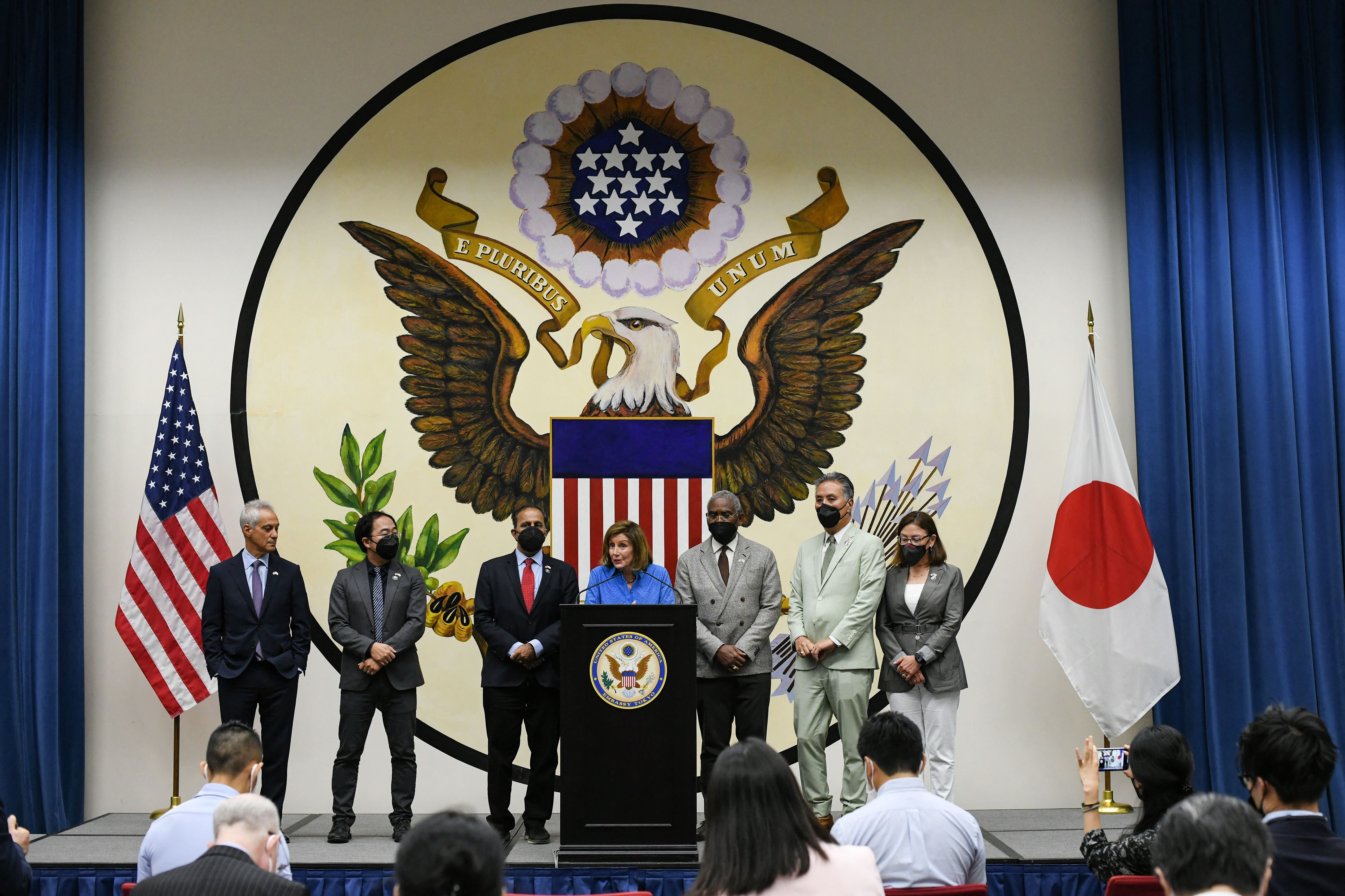 Nancy Pelosi participating in a press conference in US Embassy in Tokyo on 5 August 2022