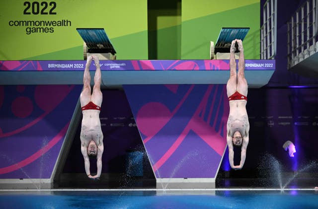 <p>Anthony Harding and Jack Laugher during the synchronised 3m springboard final</p>