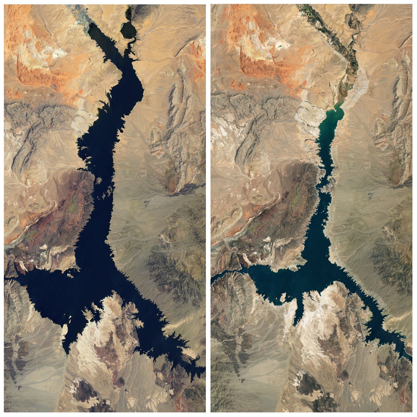 Before (left) and after (right). Nasa satellite images reveal how Lake Mead, on the Nevada-Arizona border, has shrunk between July 2000 and July 2022