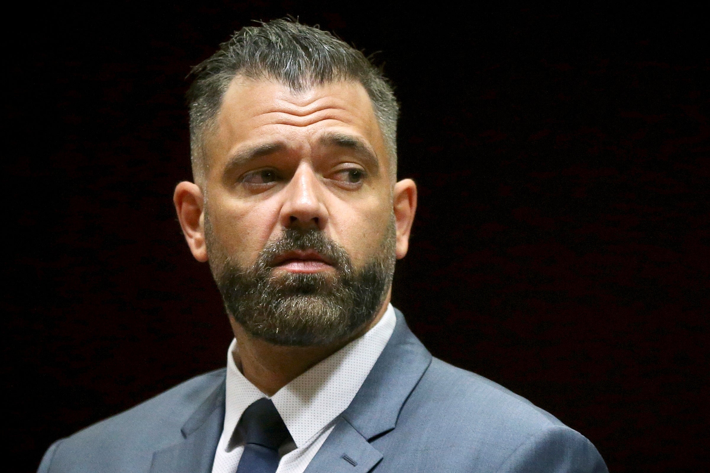 Mark D’Amico listens during his court arraignment in Burlington County Superior Court in Mount Holly