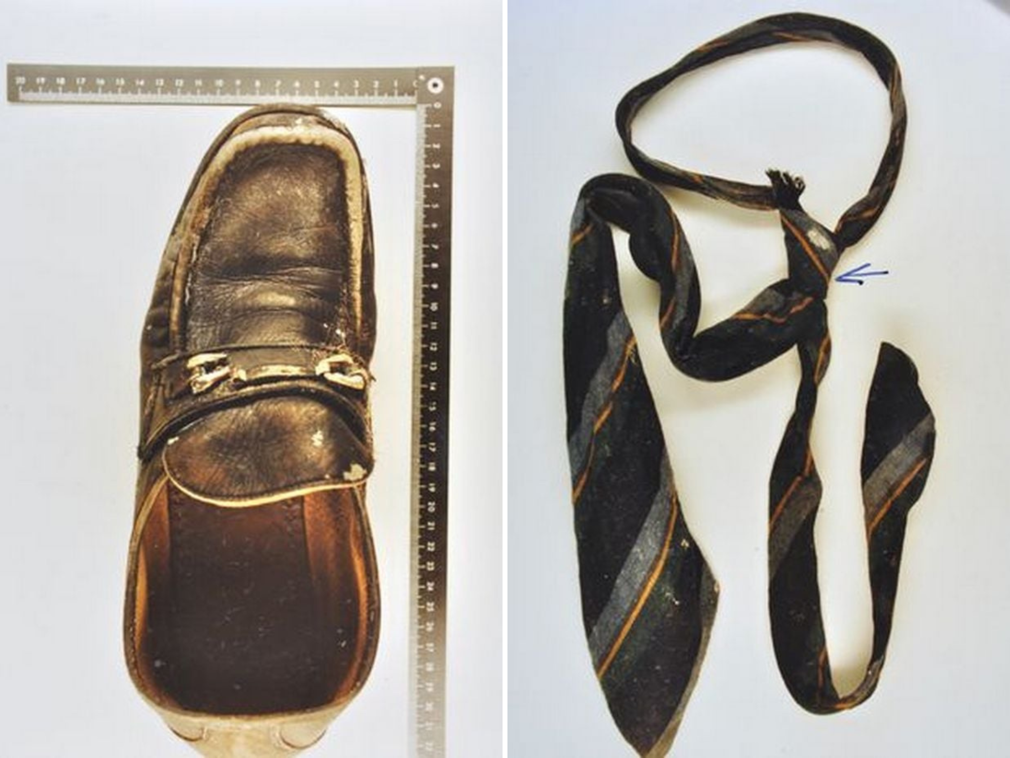 The striped wool tie and Church & Co Ltd leather shoes ‘The Gentleman’ was wearing when he was pulled from the North Sea in 1994