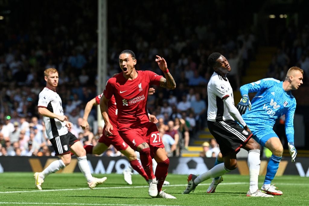 New Liverpool signing Darwin Nunez celebrates scoring his side’s first equaliser at Craven Cottage