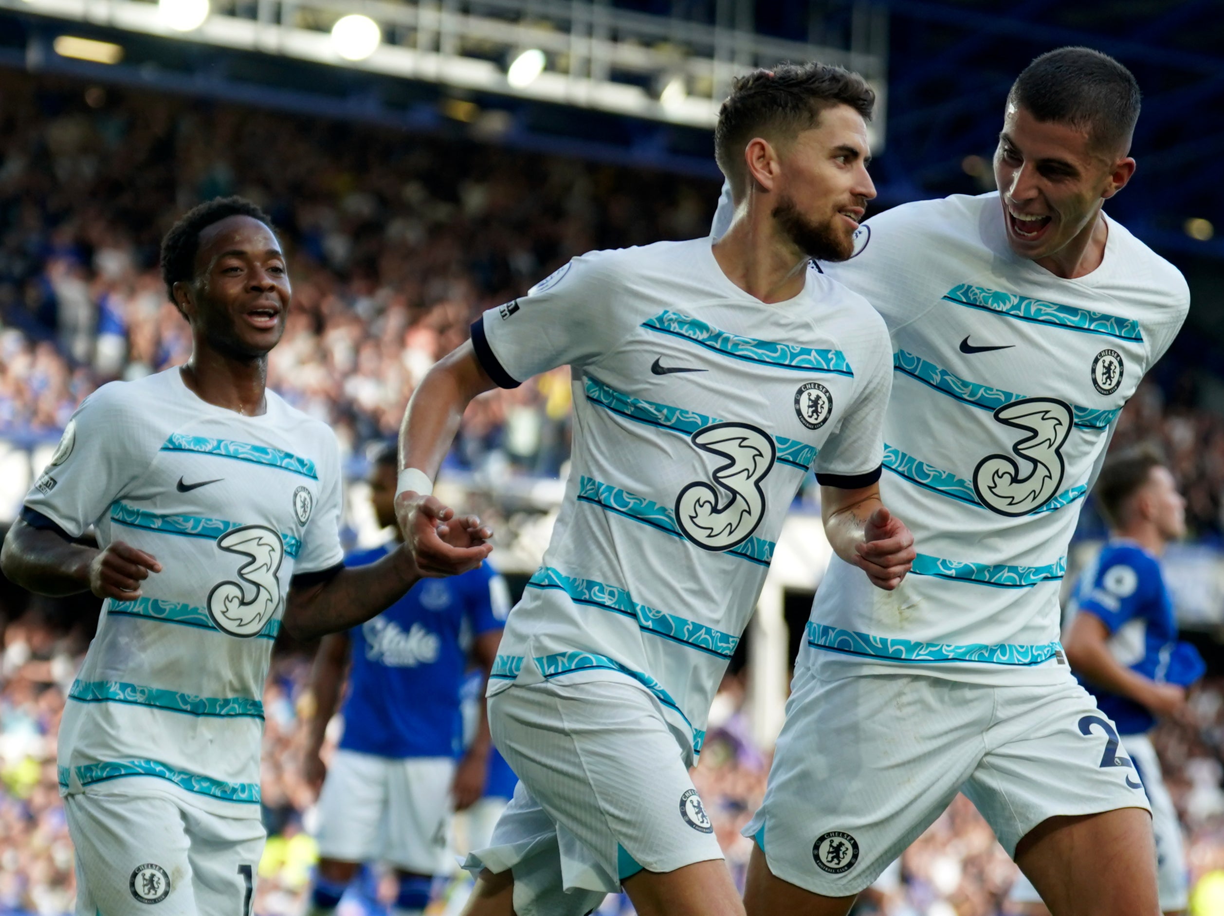 Jorginho is congratulated by teammates after scoring