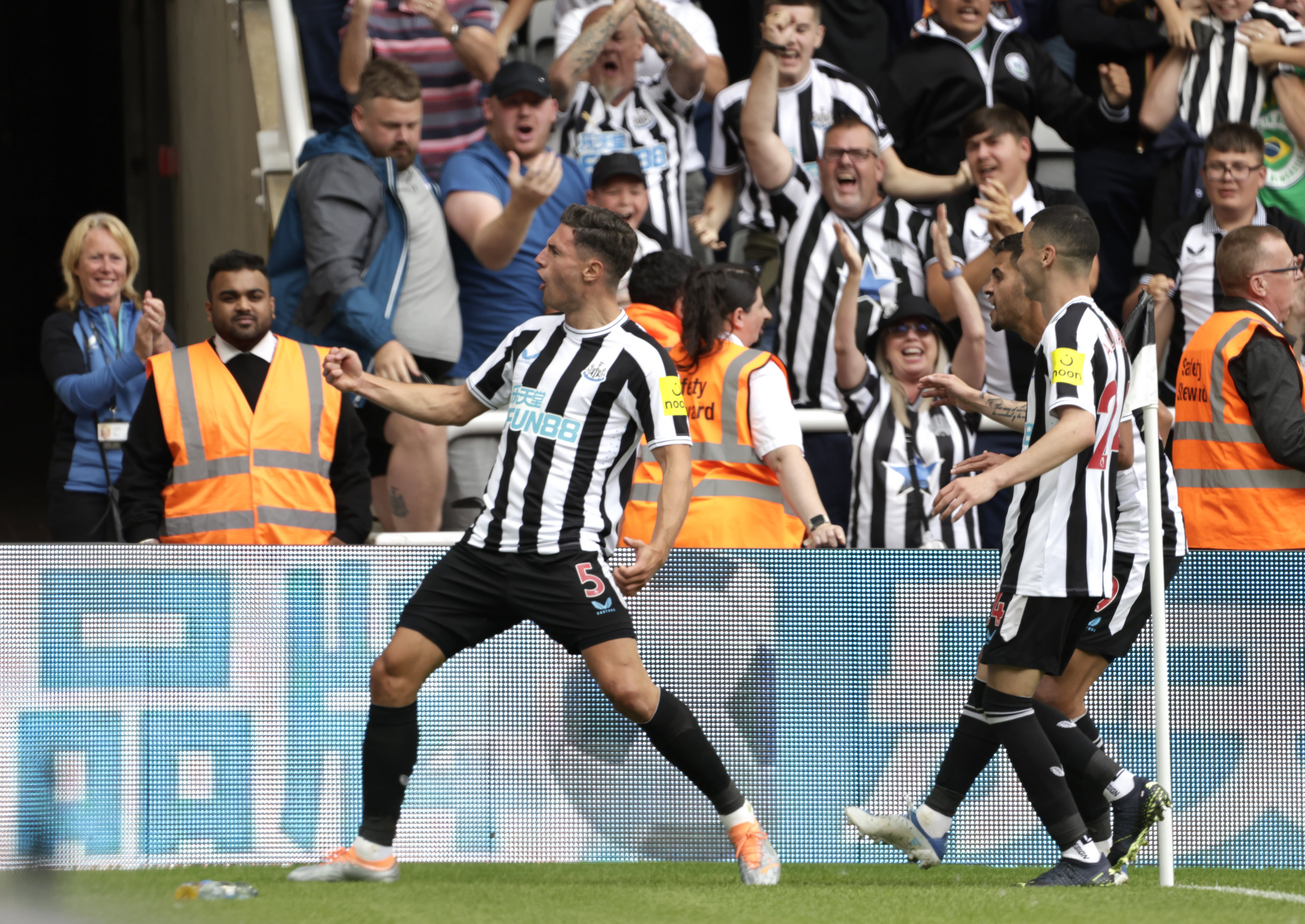 Newcastle’s Fabian Schar celebrates scoring the opening goal in Saturday’s 2-0 Premier League win over Nottingham Forest (Richard Sellers/PA)