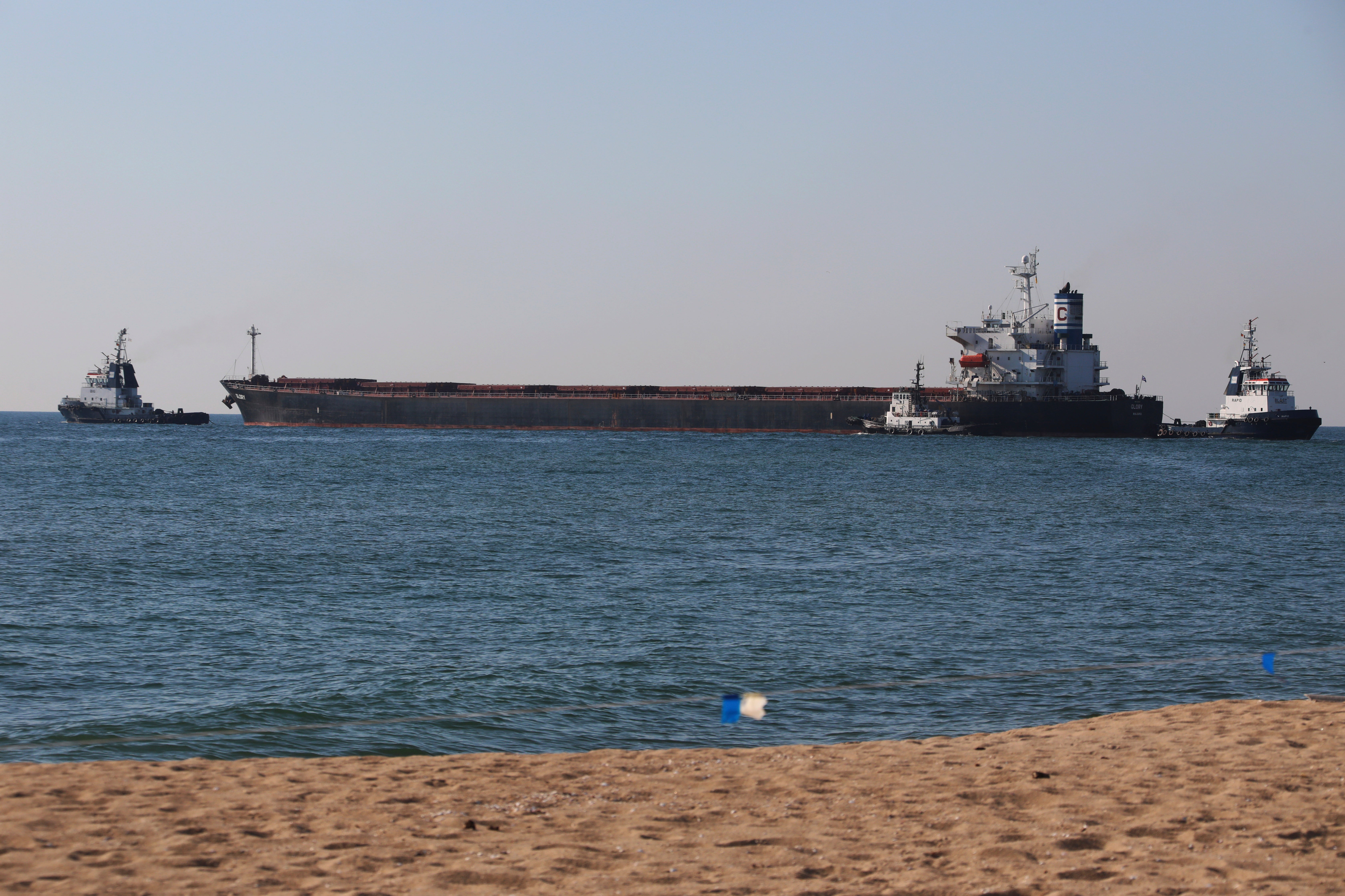 The Glory bulk carrier, centre, was among four ships to make their way from Ukrainian ports