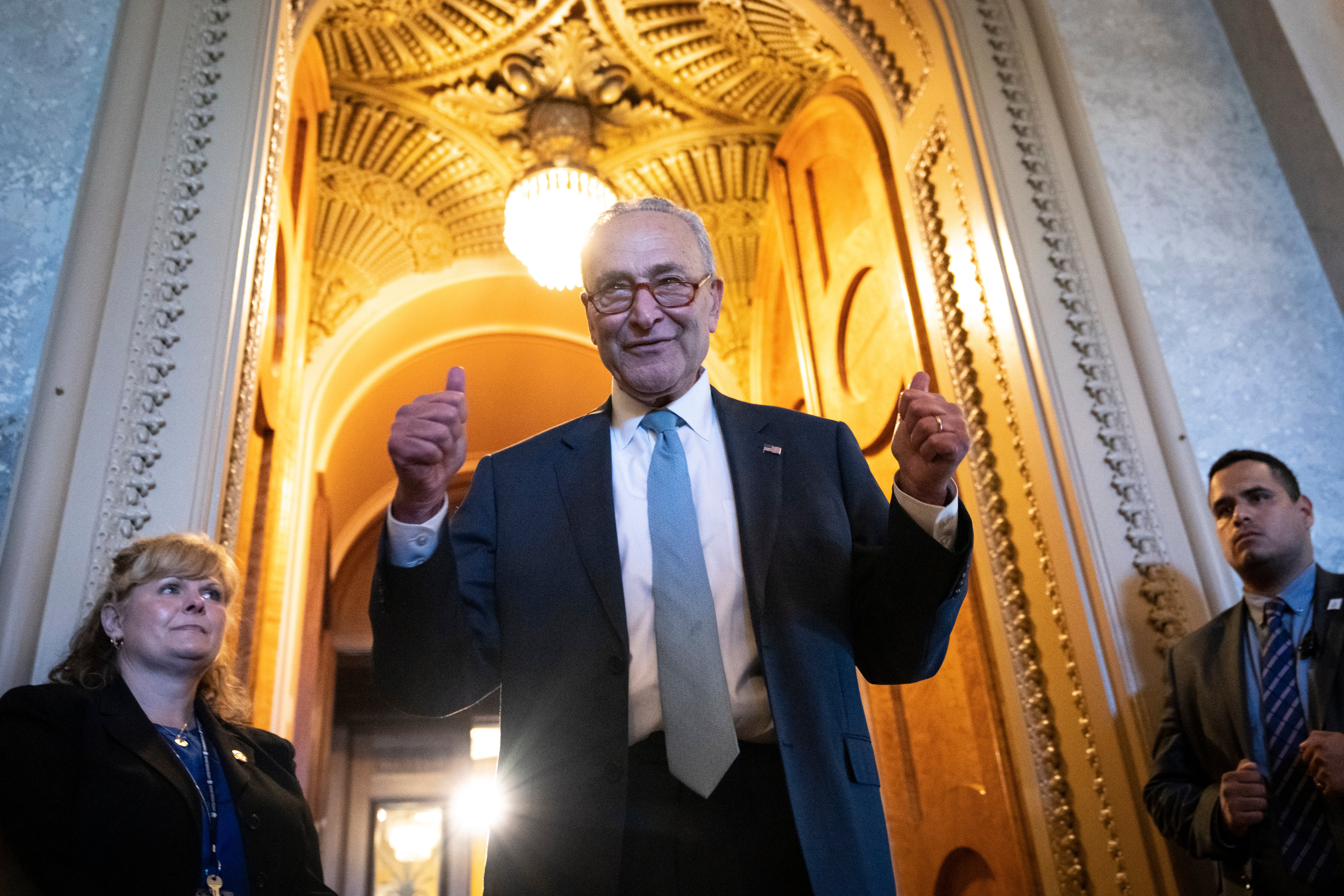 Senate Majority Leader Chuck Schumer (D-NY) gives the thumbs up as he leaves the Senate Chamber after passage of the Inflation Reduction Act at the U.S. Capitol August 7, 2022 in Washington, DC.