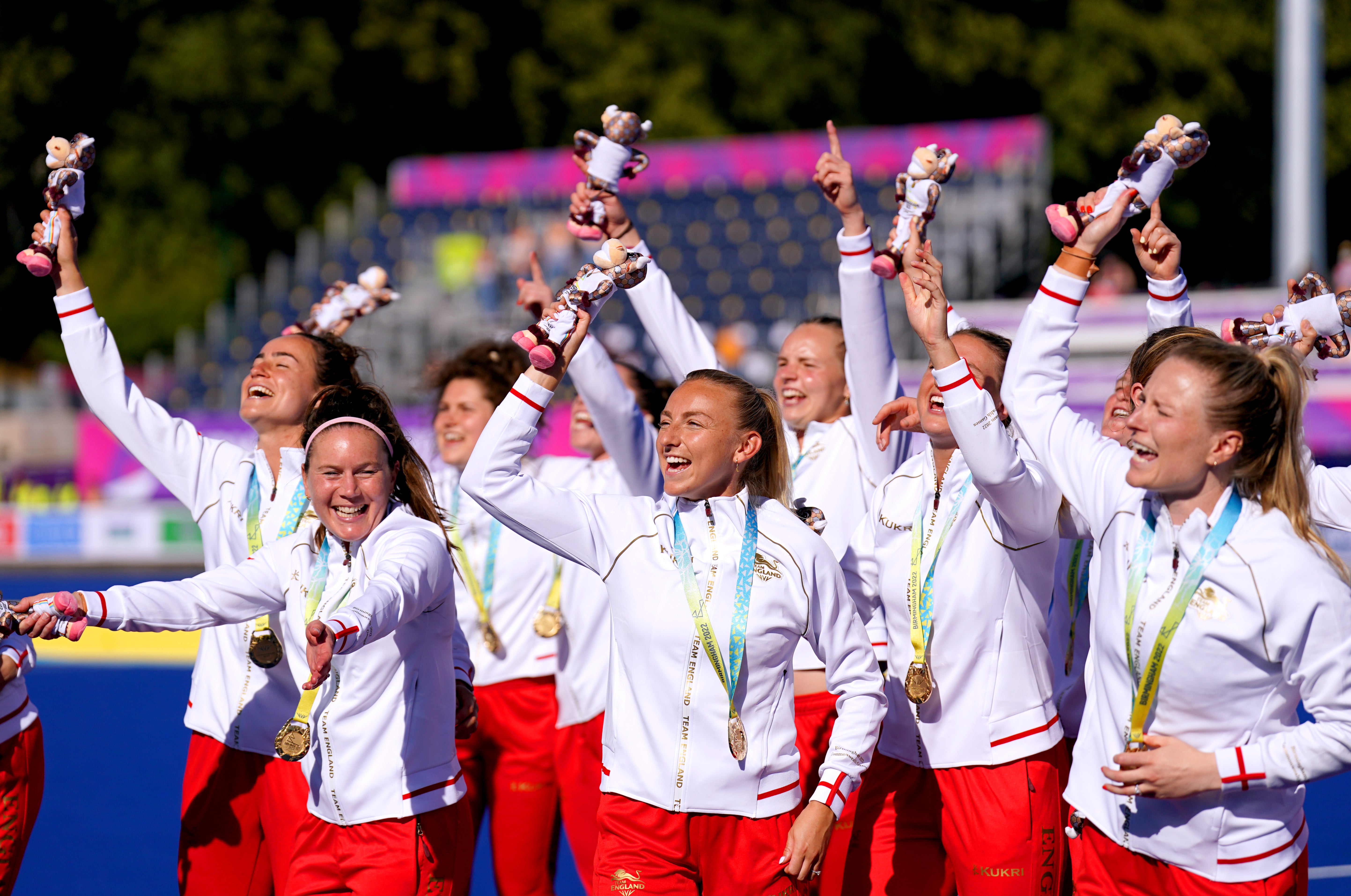 England’s women hockey players celebrate gold medal success at the 2022 Commonwealth Games in Birmingham (Joe Giddens/PA)