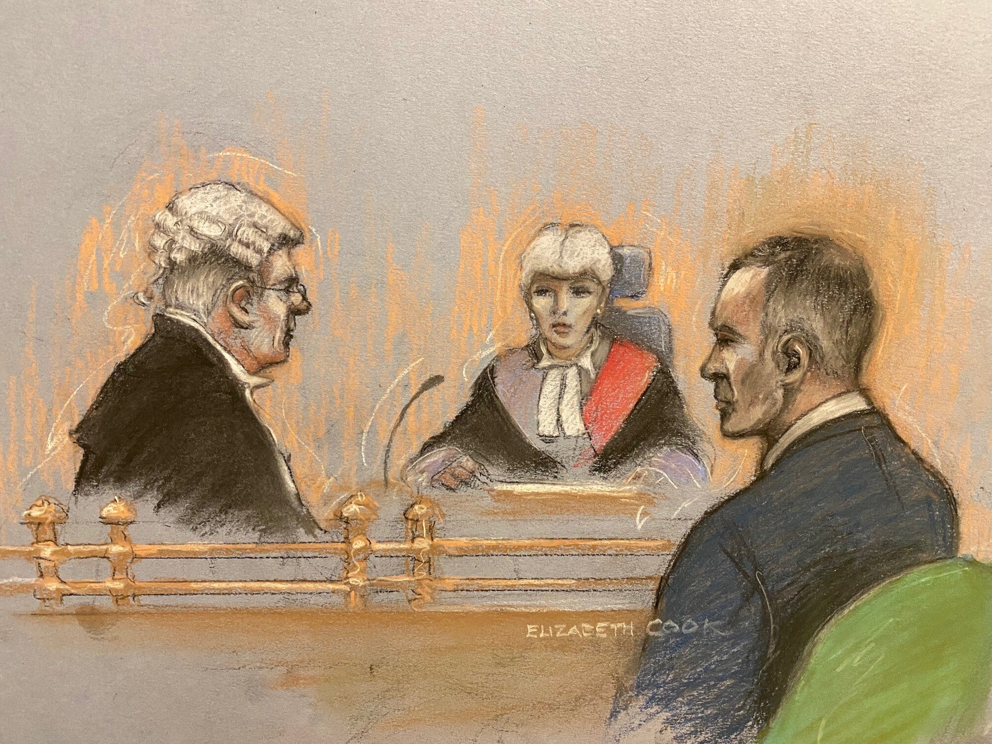 Court artist sketch of Ryan Giggs in front of Judge Hilary Manley at Manchester Minshull Street Crown Court
