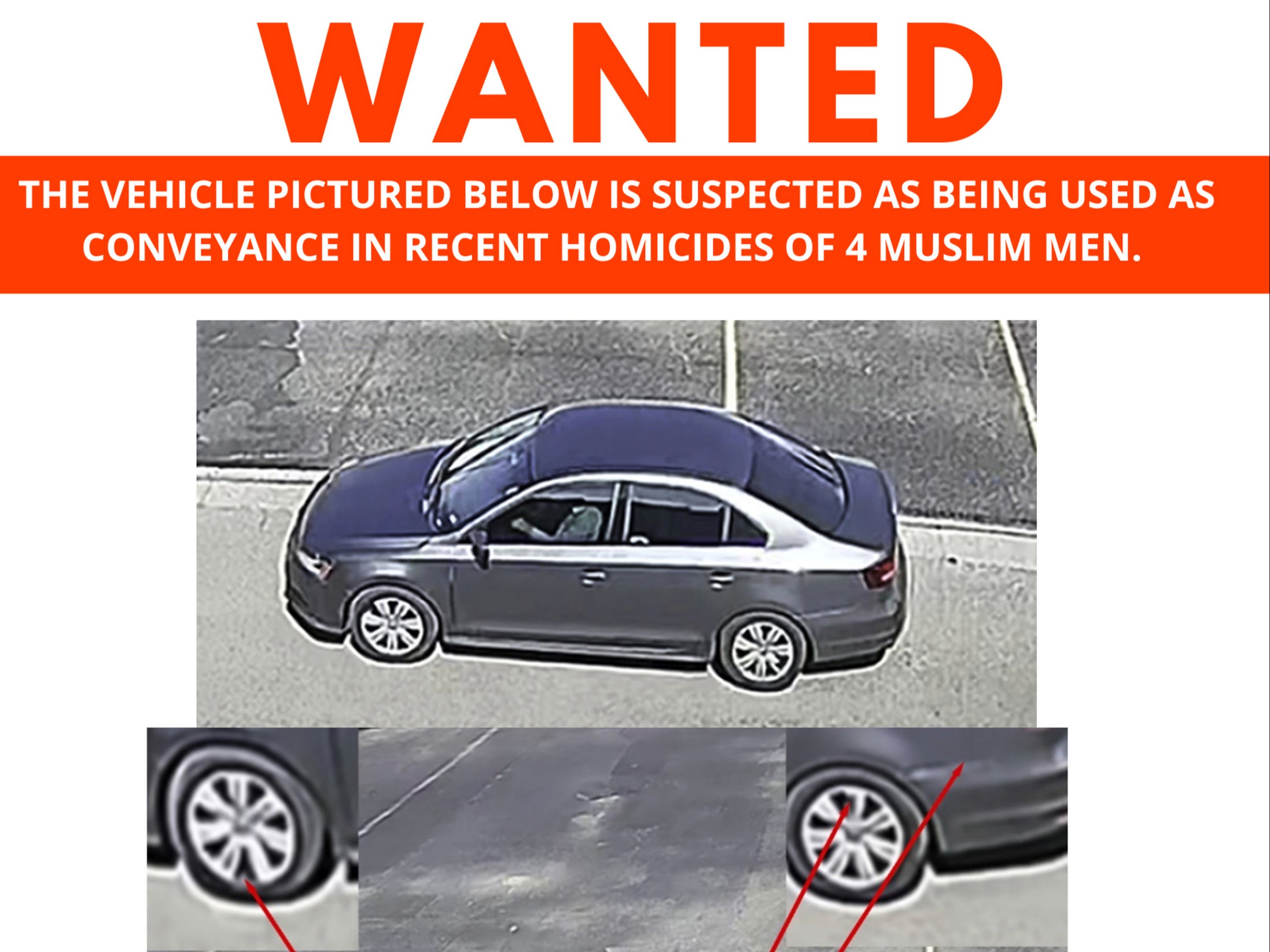 This Wanted poster released Sunday, Aug 7, 2022, by the Albuquerque Police Department shows a vehicle suspected of being used as a conveyance in the recent homicides of four Muslim men in Albuquerque, N.M.
