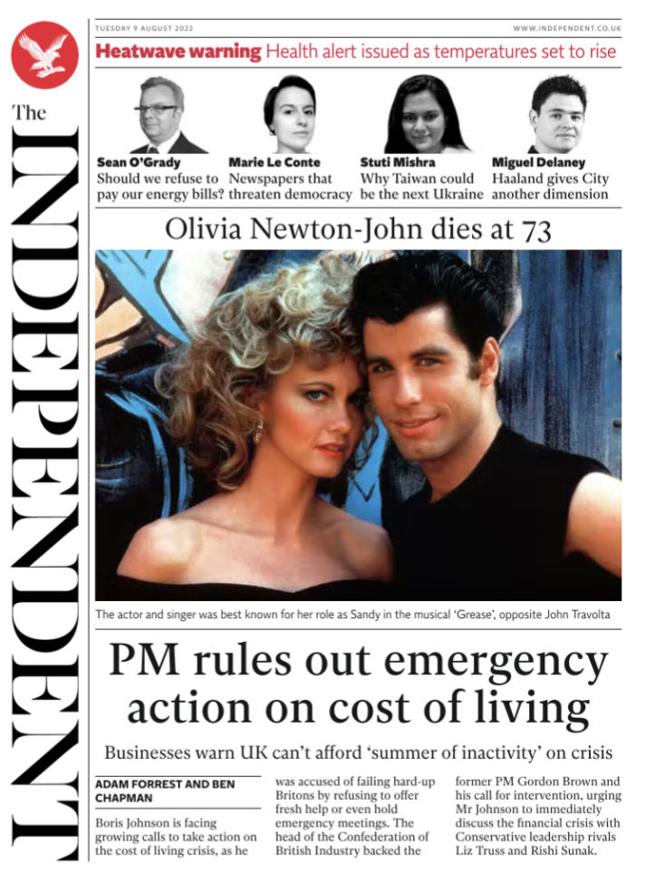 Independent front page 9 August