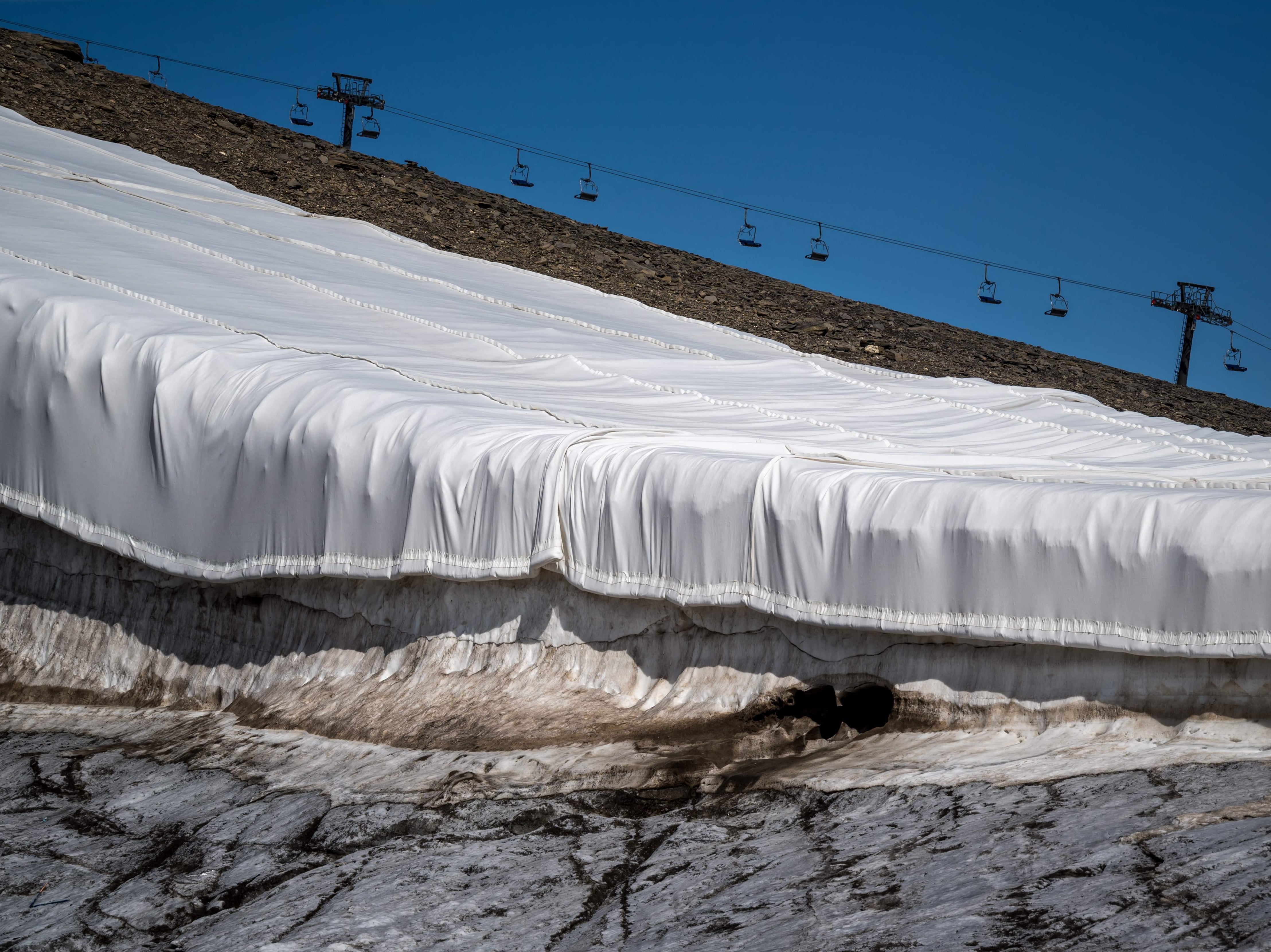 Blankets covering snow to prevent it from melting at the Tsanfleuron glacier on Les Diablerets, Switzerland