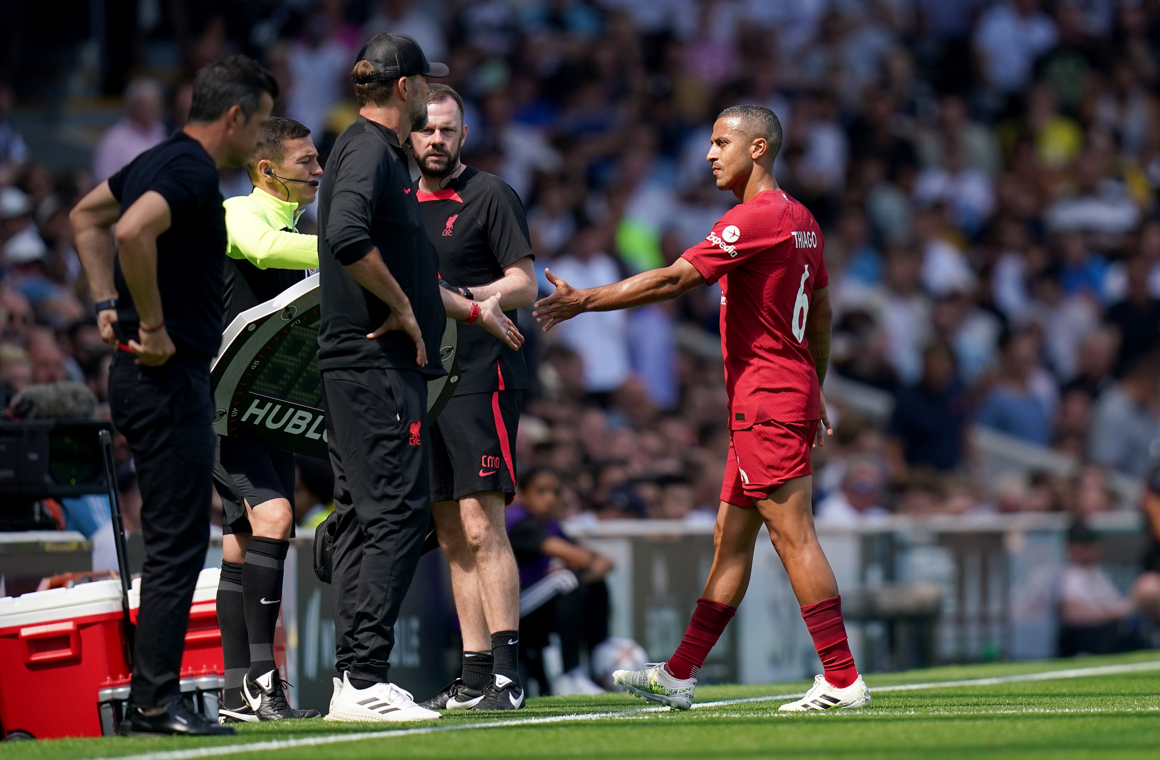 Thiago went off injured at Craven Cottage last weekend