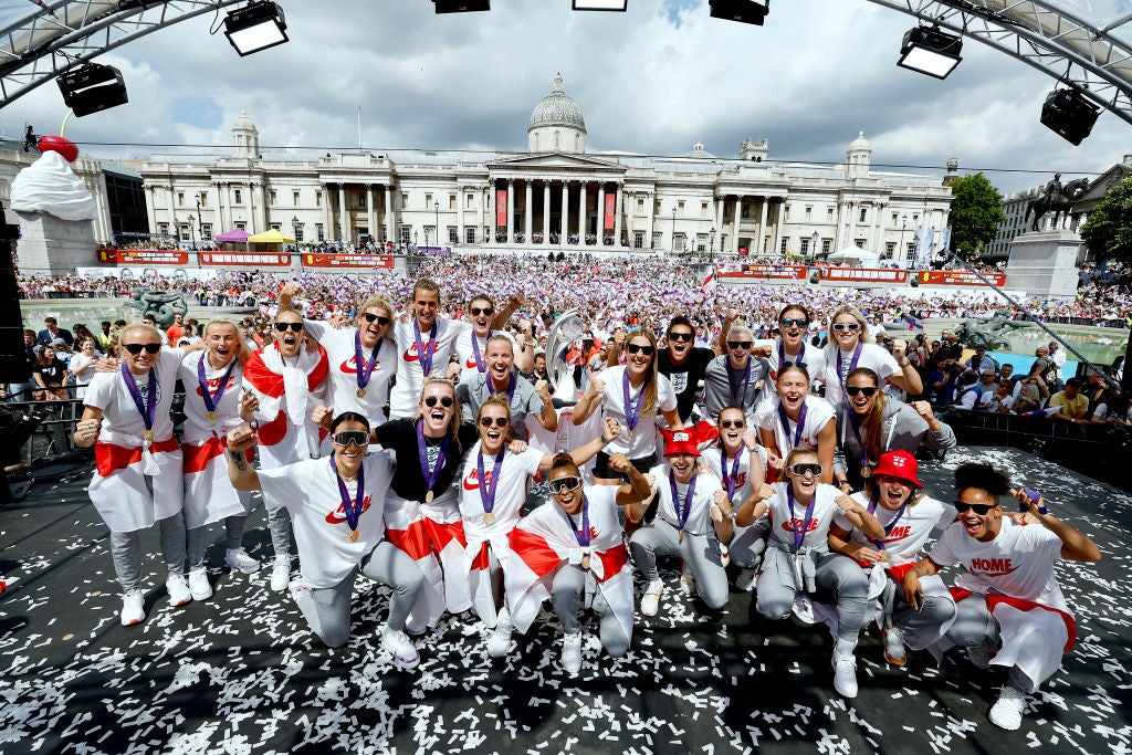 The England team celebrate their Euros win in Trafalgar Square