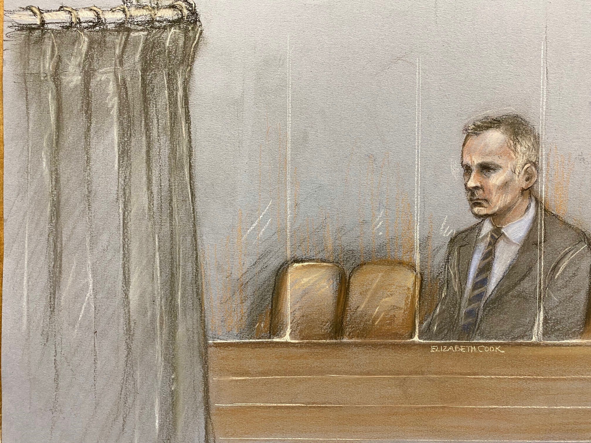 Court artist sketch by Elizabeth Cook of Giggs in court as Greville gave evidence behind a curtain