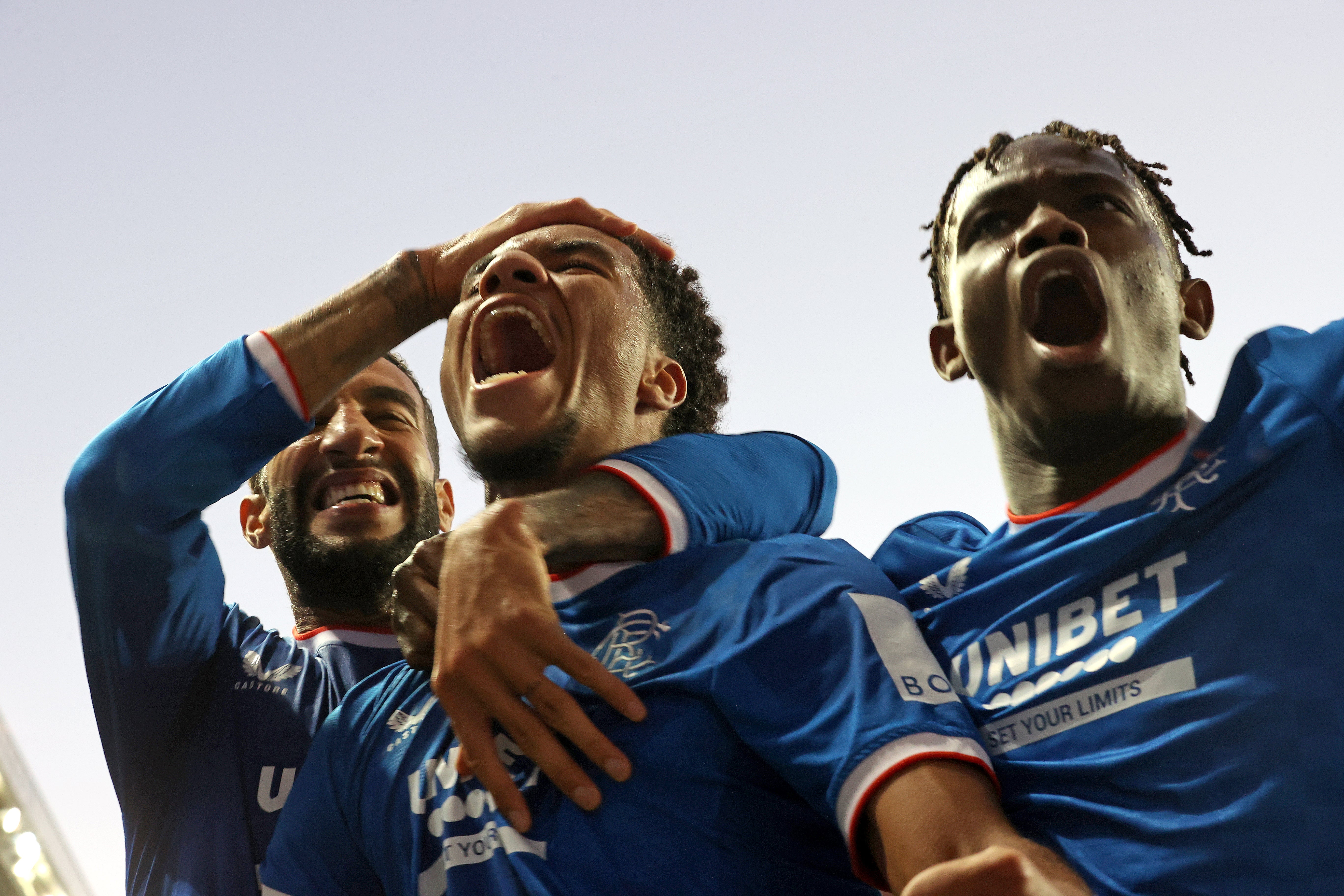 Malik Tillman, centre, celebrates his winning goal (Steve Welsh/PA)