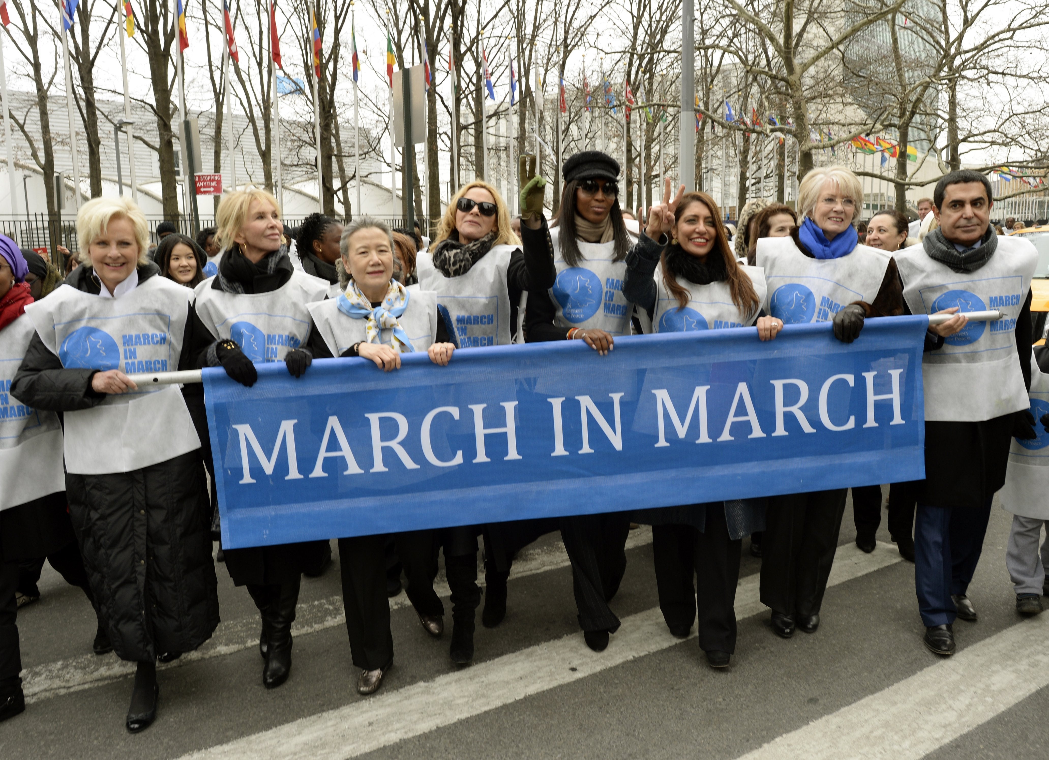 Cindy McCain, Trudy Styler, Ban Soon Taek, Kim Cattrall, Naomi Campbell, and Uma Pemmaraju march from the United Nations on 7 March 2014 during the UN Women for Peace (UNWFP) annual ‘March in March’ to End Violence Against Women, in celebration of International Women’s Day in New York