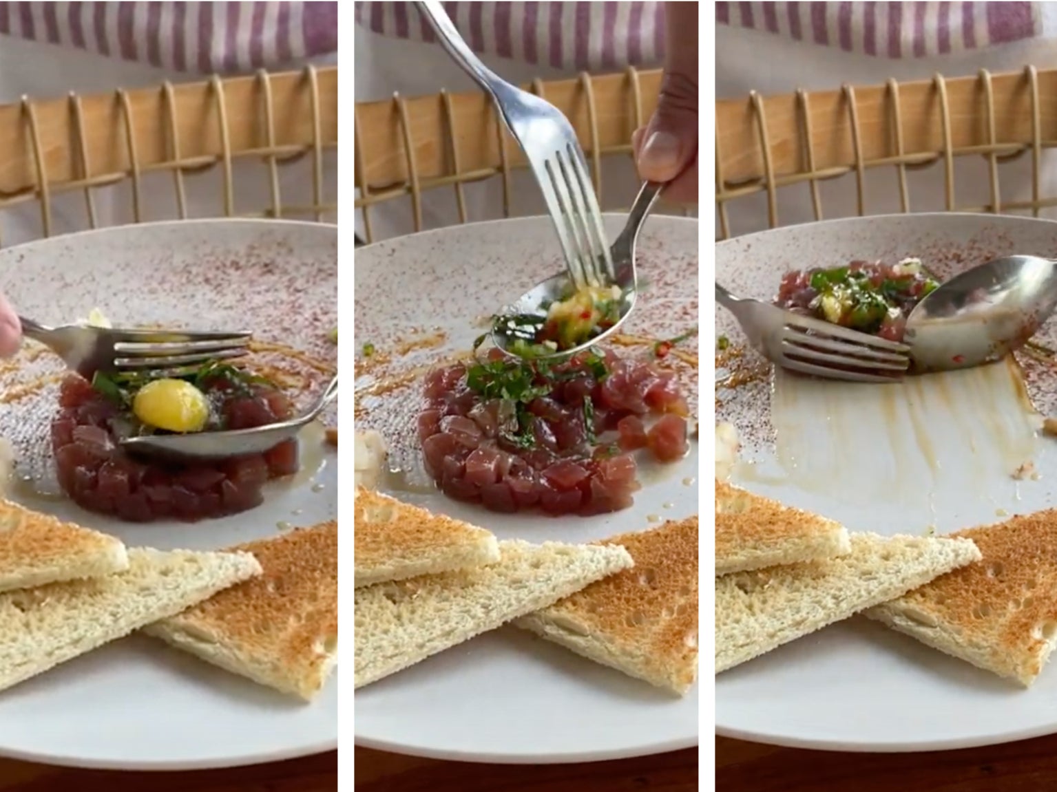 A story in three-parts: A tableside tuna tartare prepartion