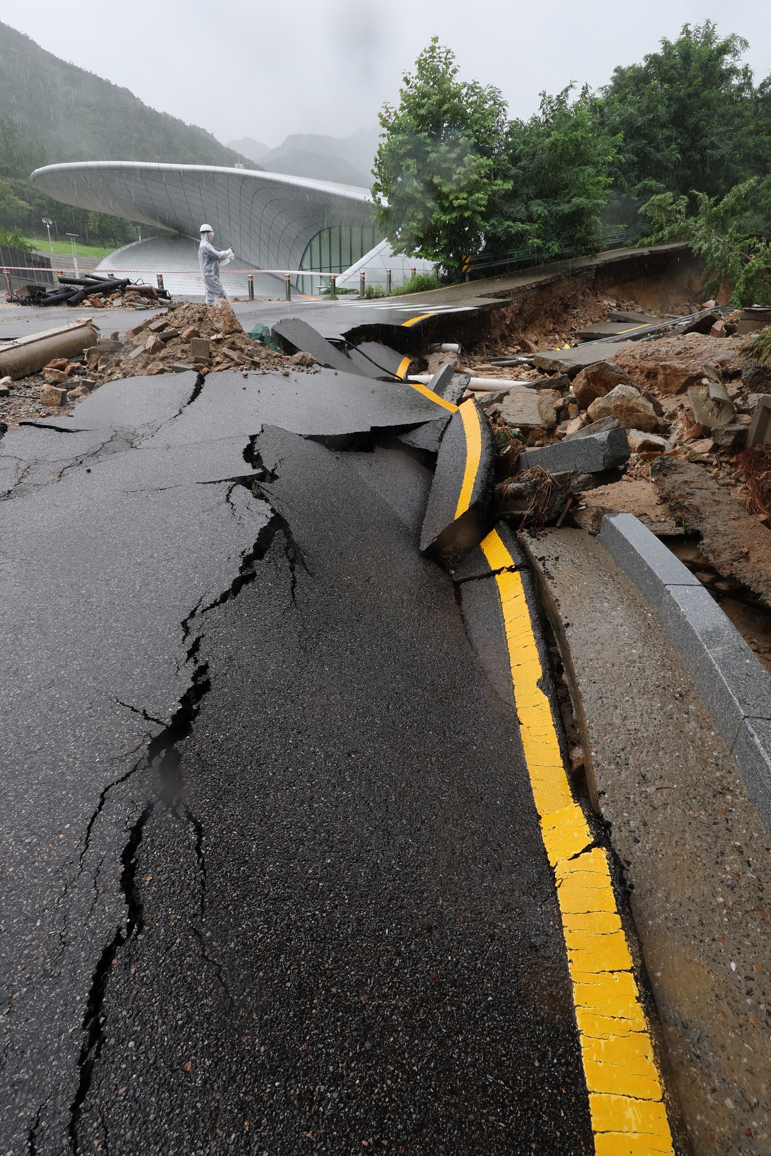 A damaged road inside Seoul National University’s Gwanak Campus in Seoul