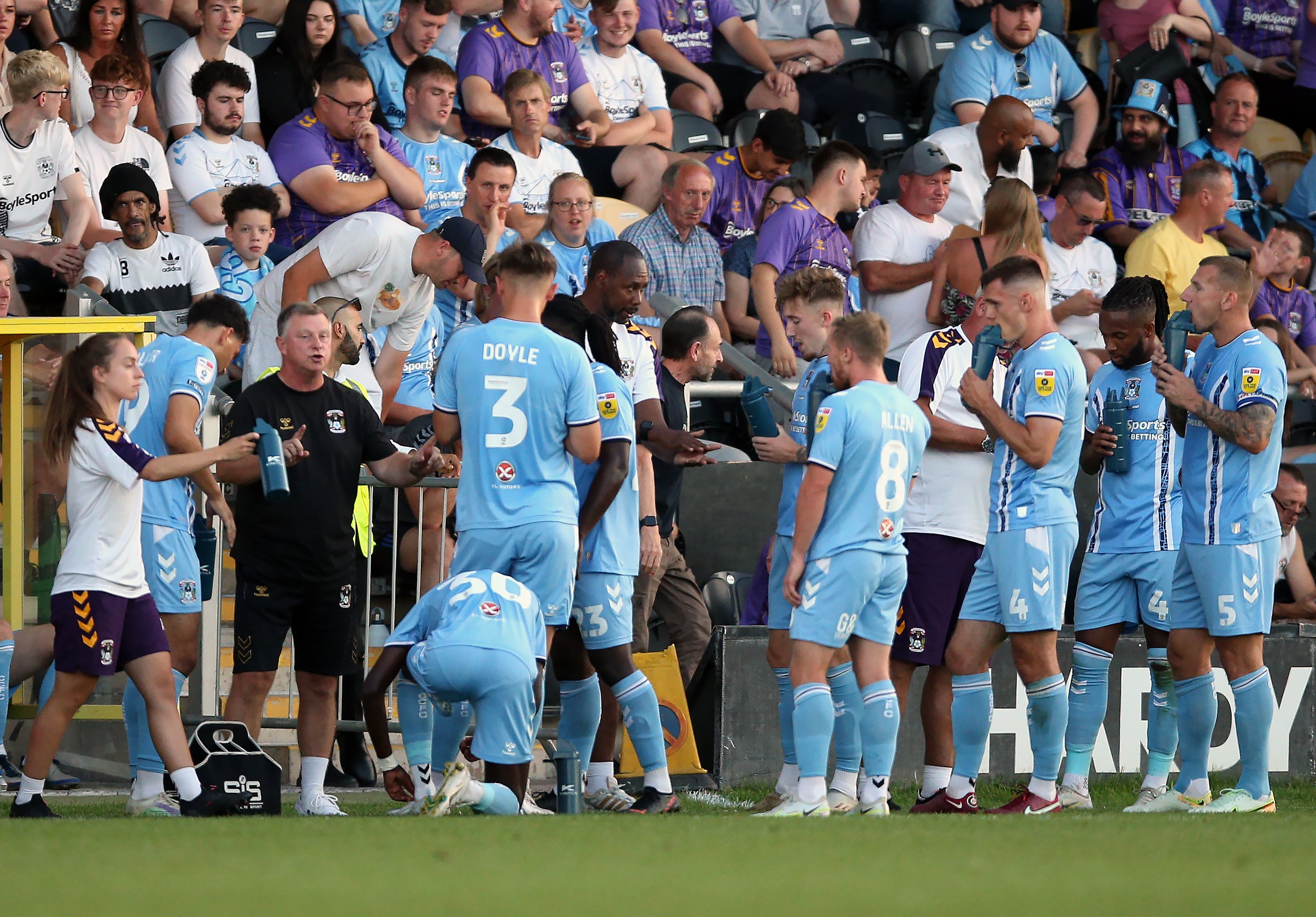 Coventry players take a water break during their Carabao Cup first-round match against Bristol City on Wednesday (Nigel French/PA)