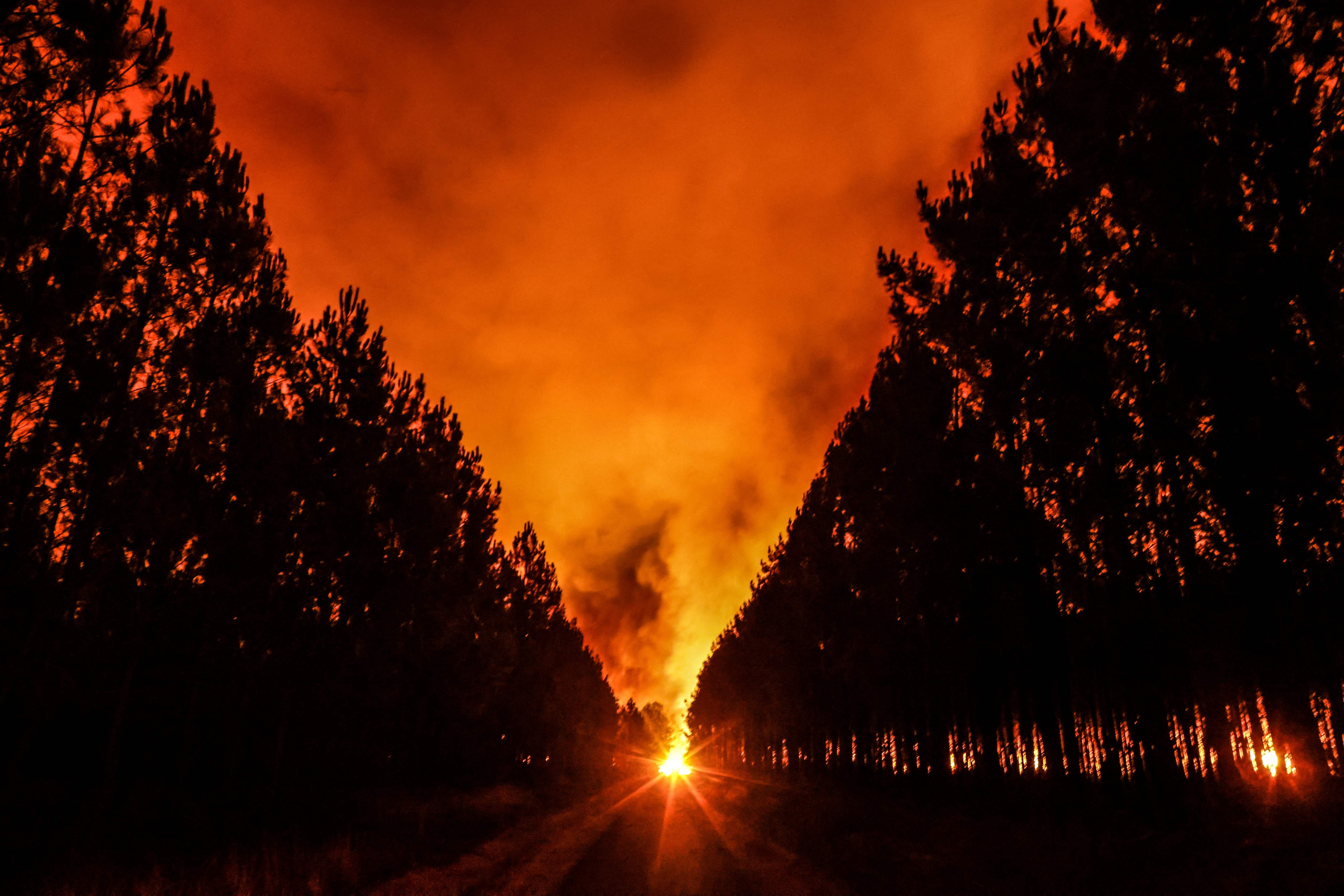 A picture taken overnight on August 11, 2022 shows the sky turning red as it is illuminated by flames at a wildfire near Belin-Beliet, southwestern France