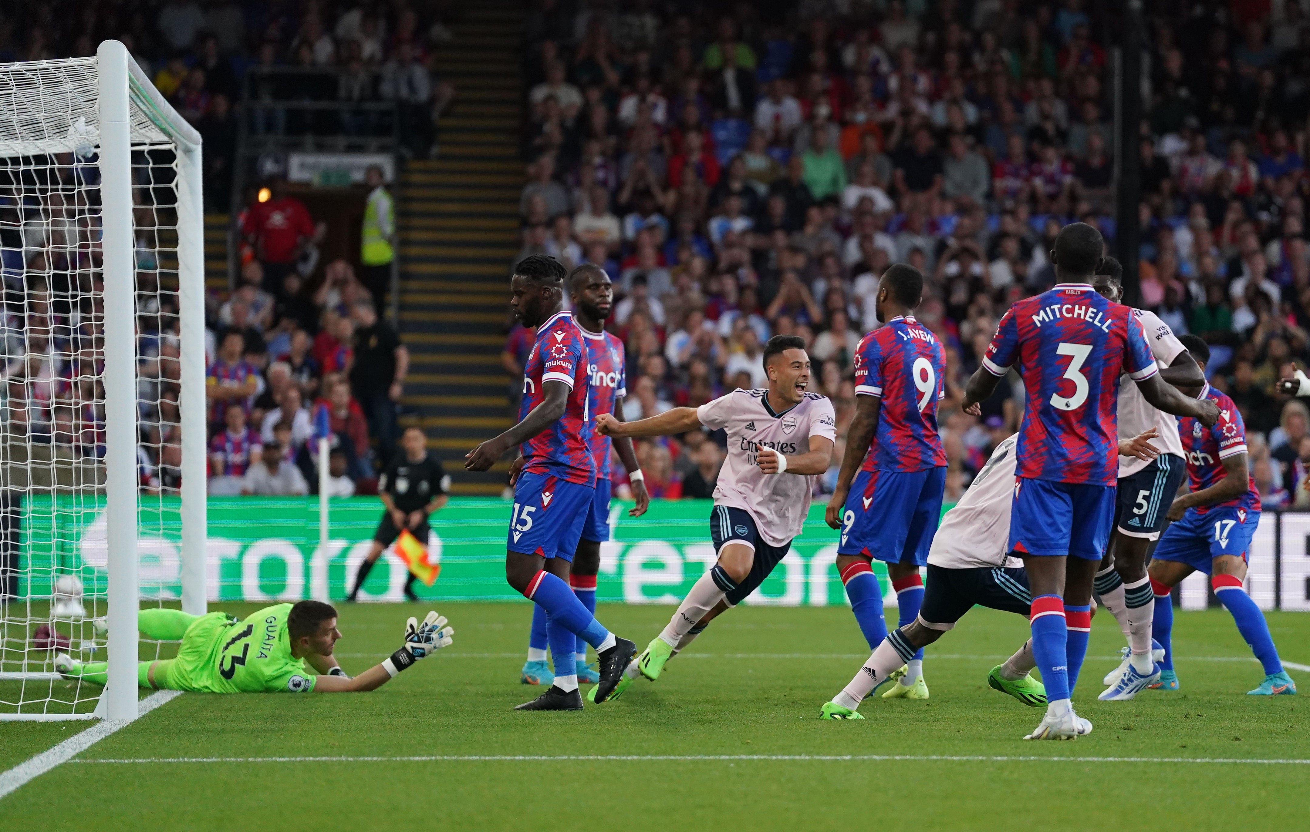 Gabriel Martinelli scores the first goal for Arsenal during Crystal Palace’s opening-game defeat (Adam Davy/PA)