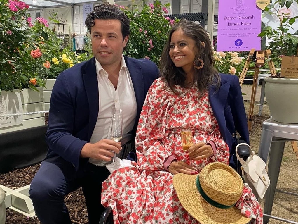 Dame Deborah James with her husband Sebastien Bowen during a private tour of Chelsea Flower Show