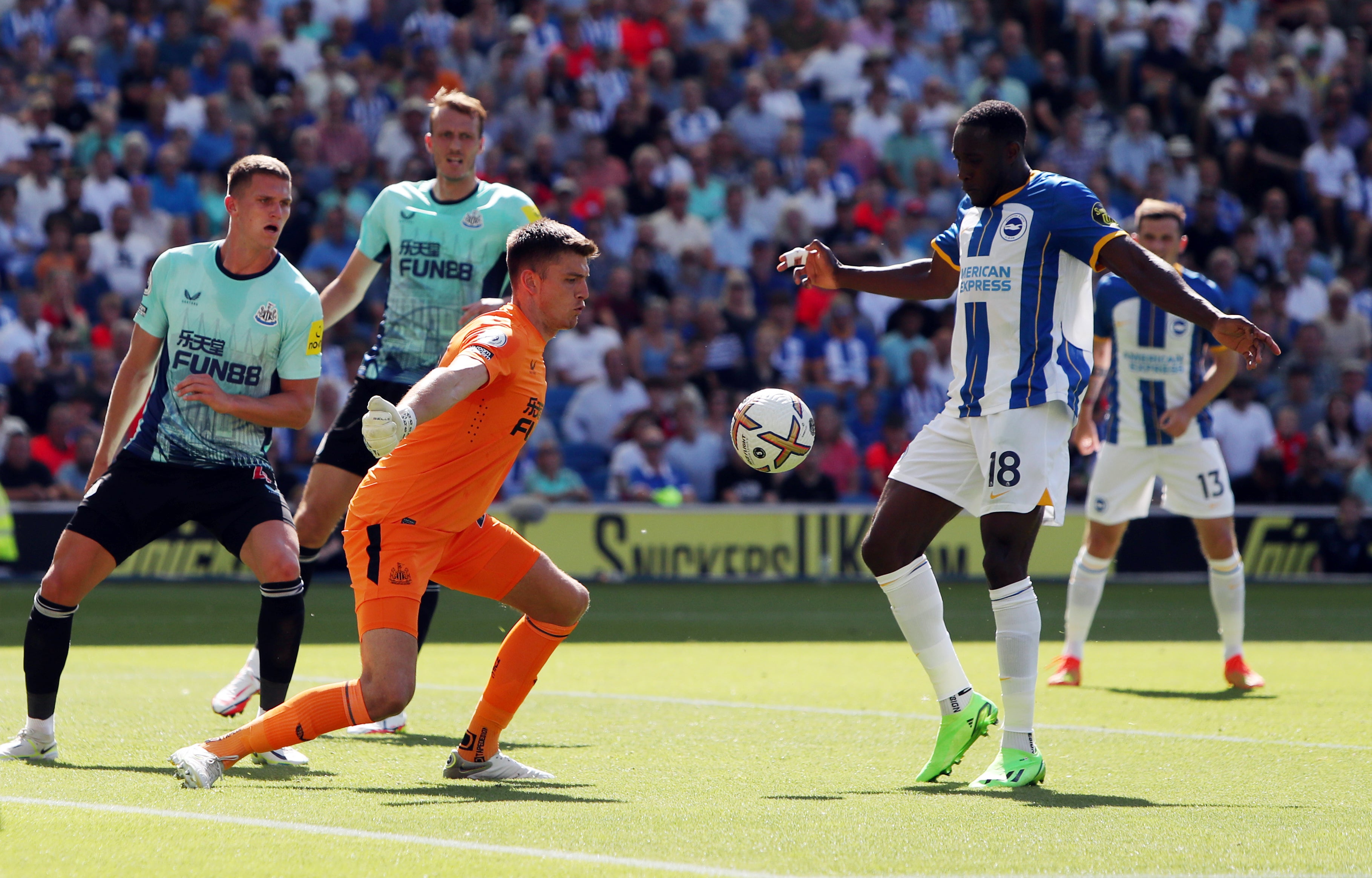 Nick Pope (left) denied Danny Welbeck during the goalless stalemate (Kieran Cleeves/PA)