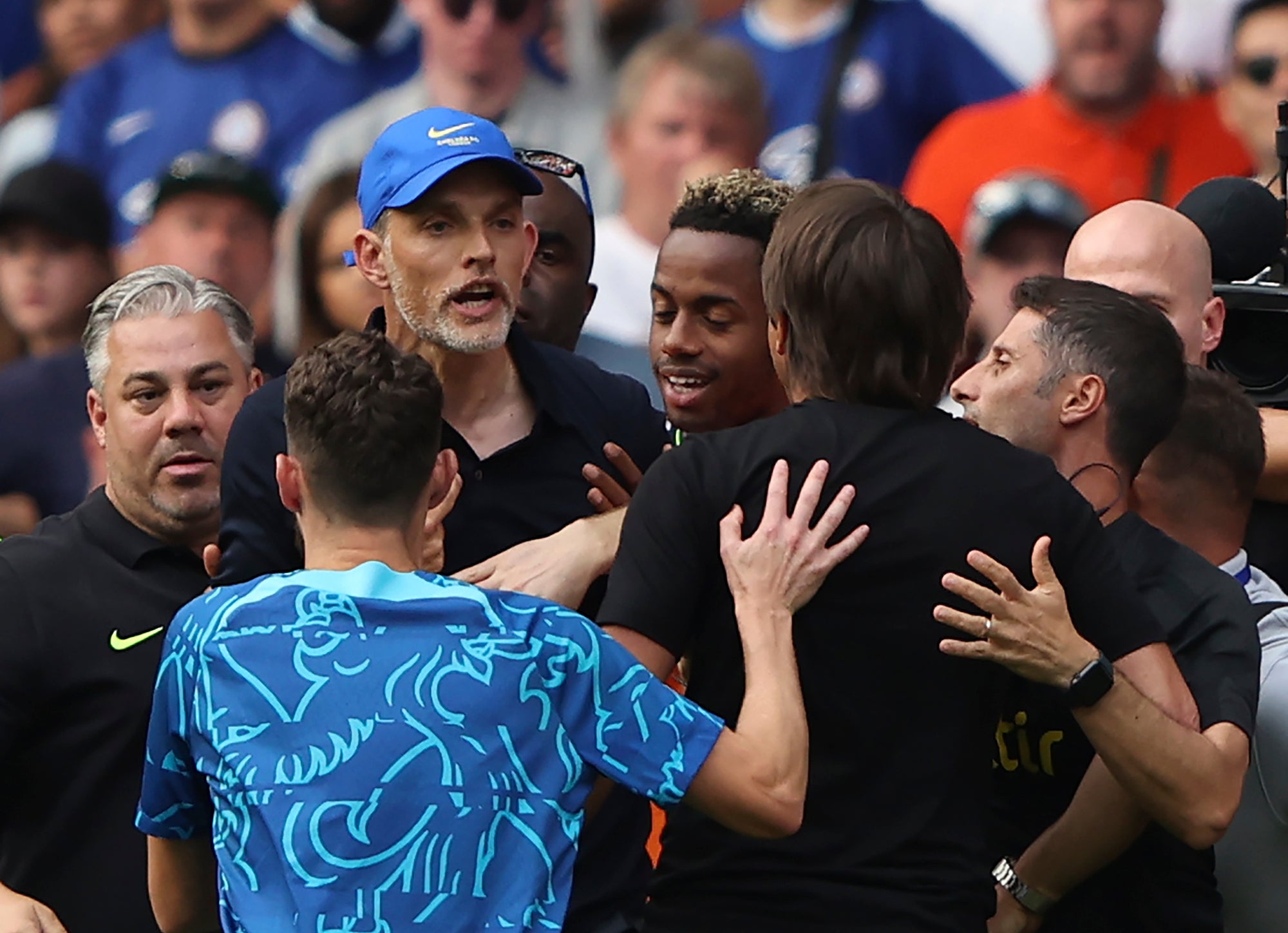 Thomas Tuchel and Antonio Conte came to blows during Chelsea’s 2-2 draw with Tottenham (Ian Walton/AP/PA)