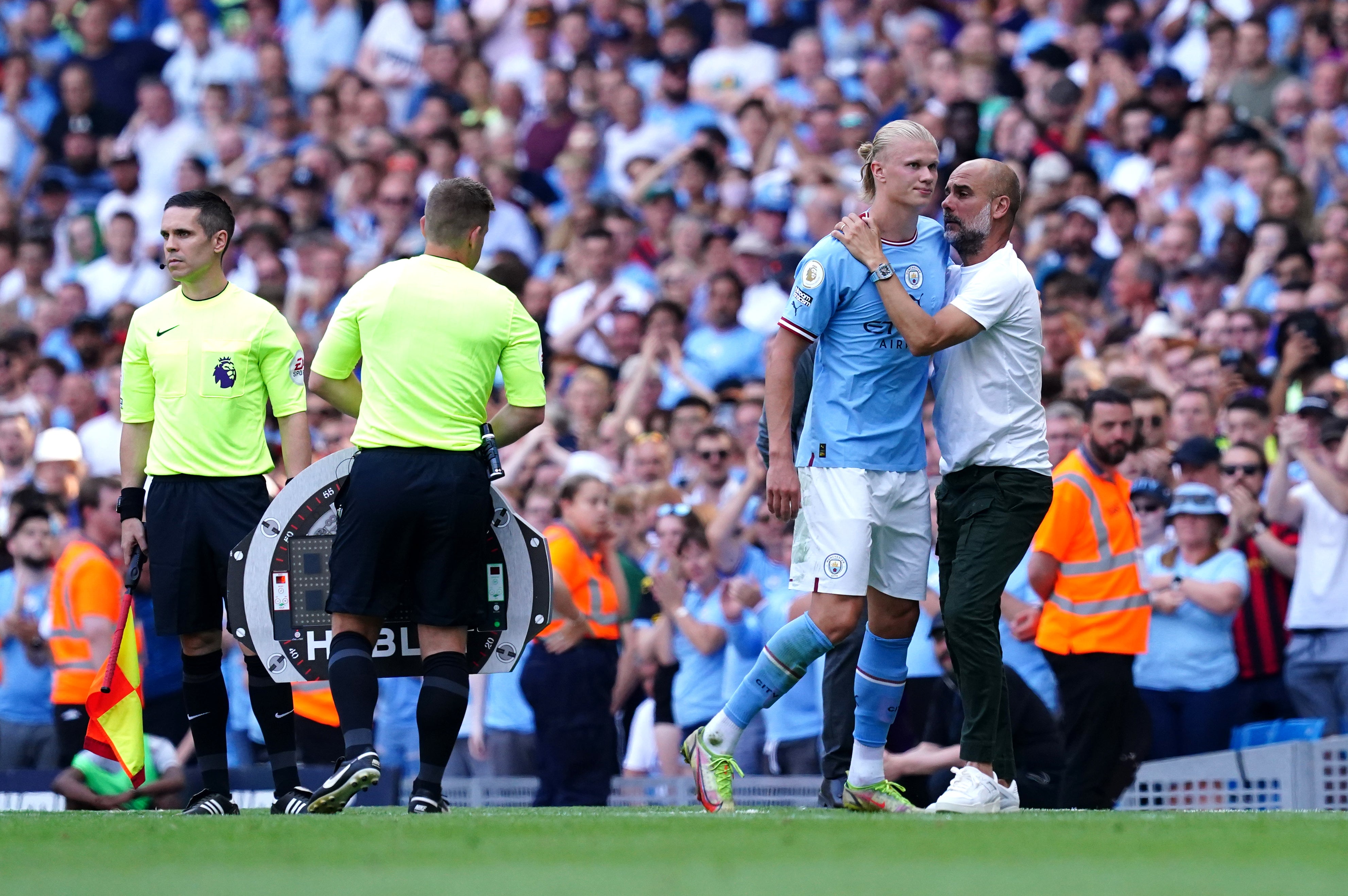 Manchester City manager Pep Guardiola hails Erling Haaland’s contribution after substituting him against Bournemouth (Martin Rickett/PA).