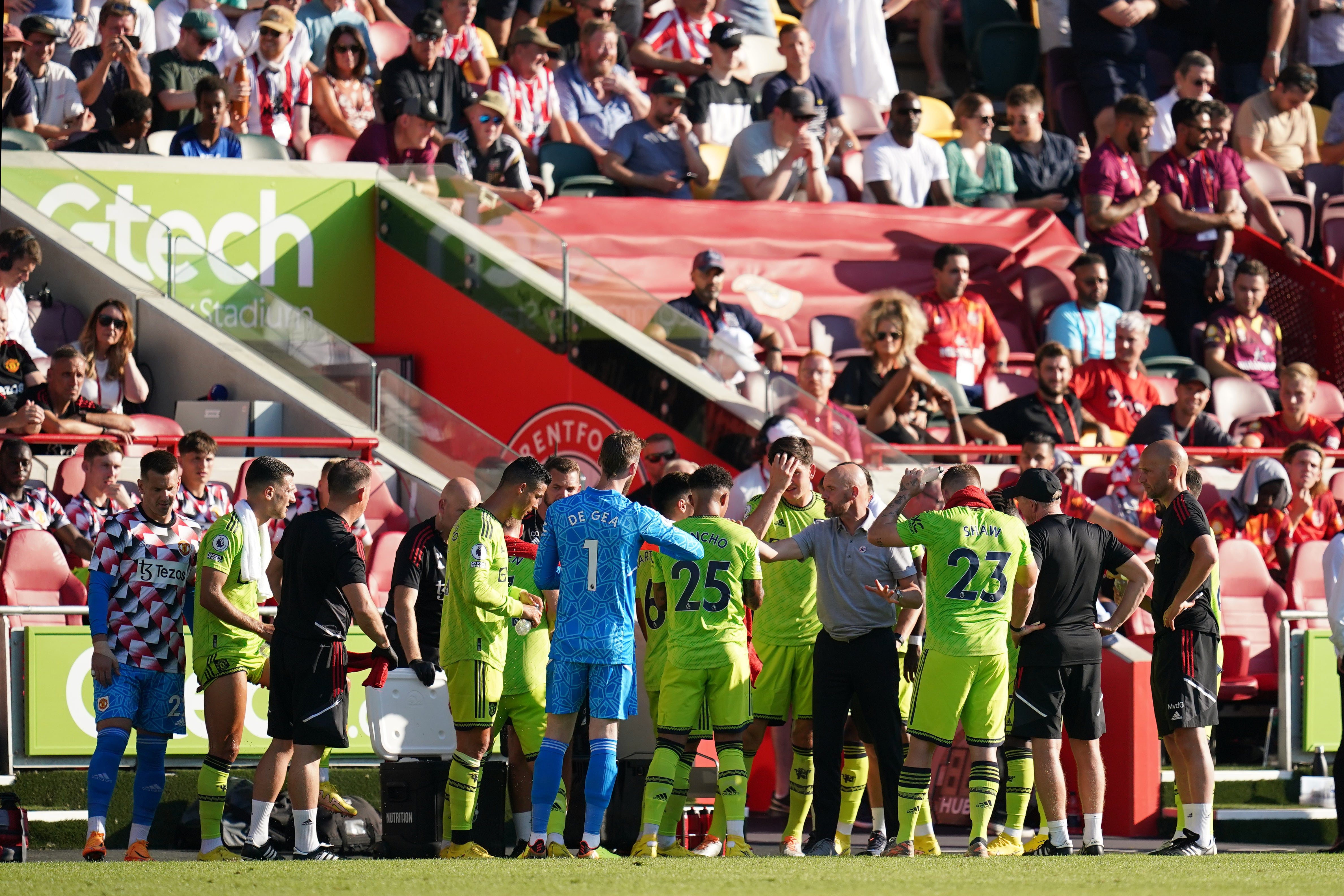 Erik ten Hag, centre right, and Manchester United suffered a second chastening defeat in succession (John Walton/PA)