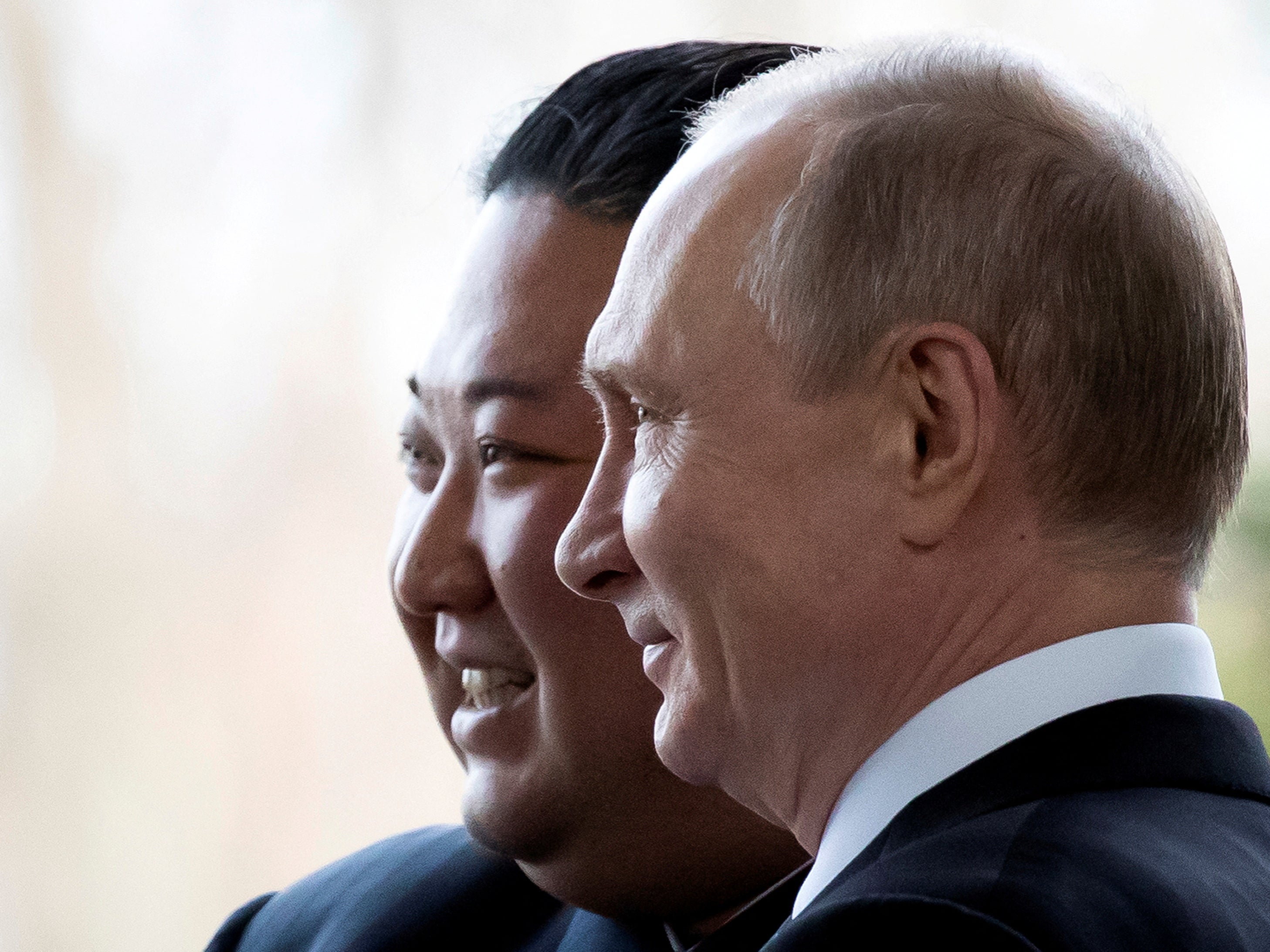 North Korean leader Kim Jong Un poses with Russian president Vladimir Putin in Vladivostok, Russia, in April 2019.