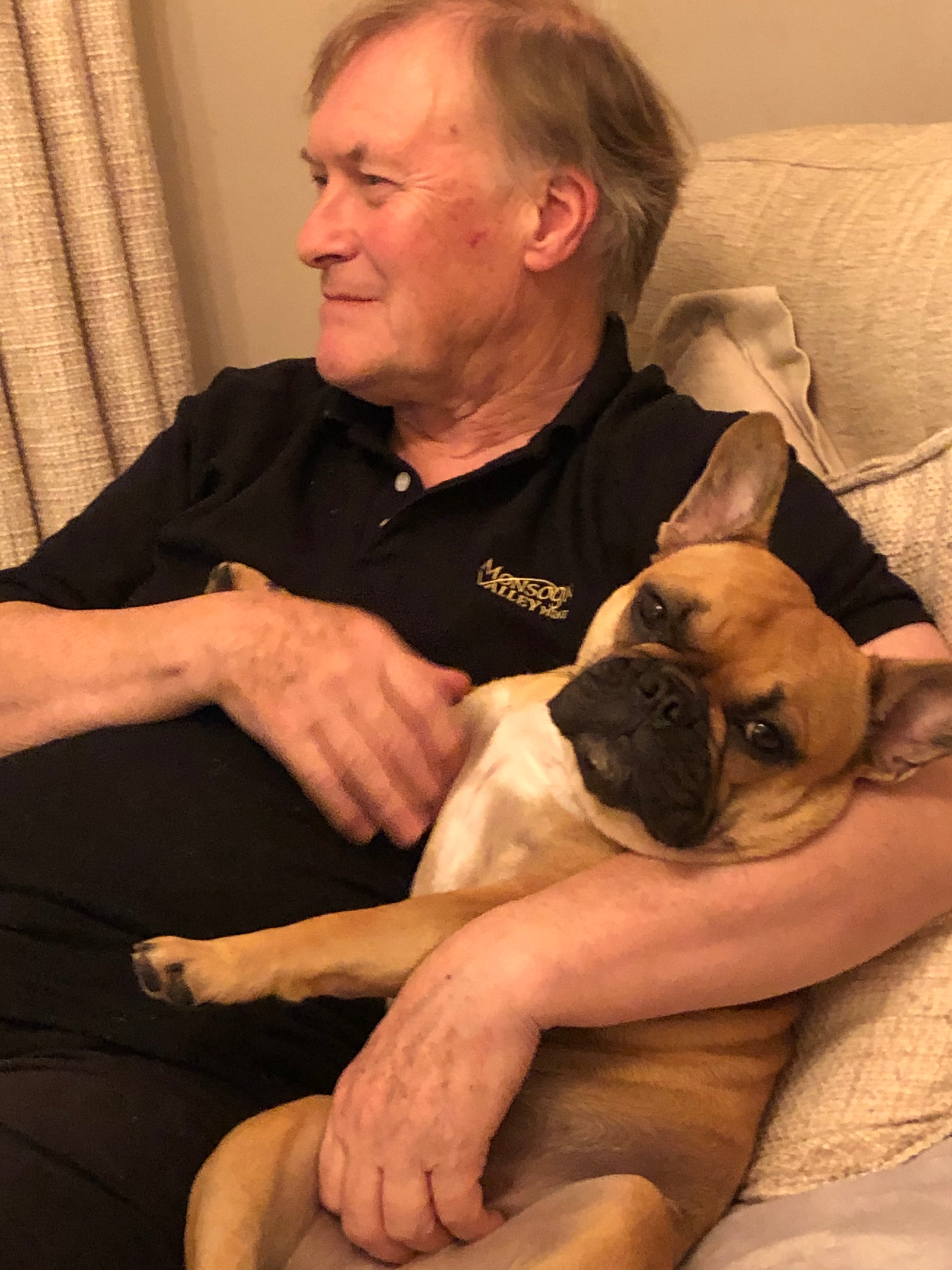 Sir David Amess sits with his Bulldog, Vivienne